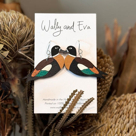 Australian Shelduck Hand Painted Wood Sterling Silver Earrings