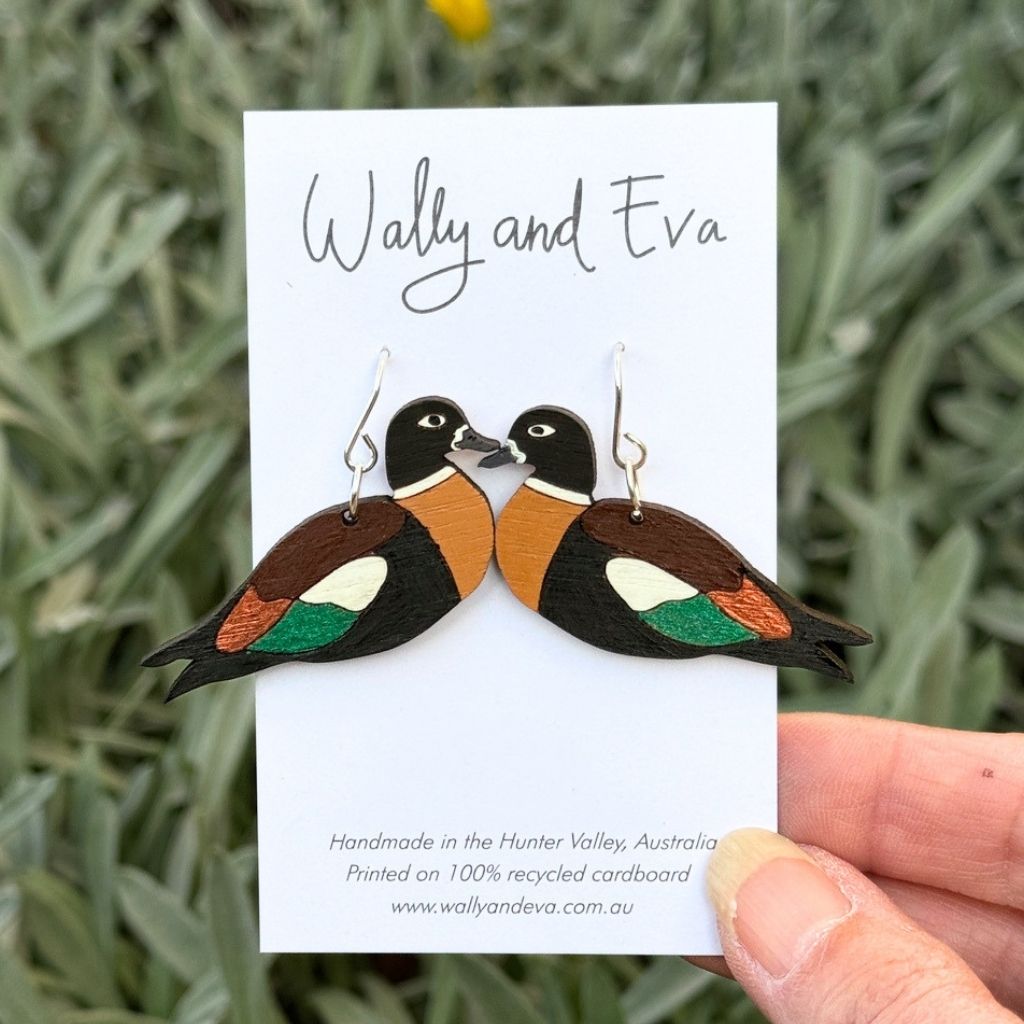 Australian Shelduck Hand Painted Wood Sterling Silver Earrings