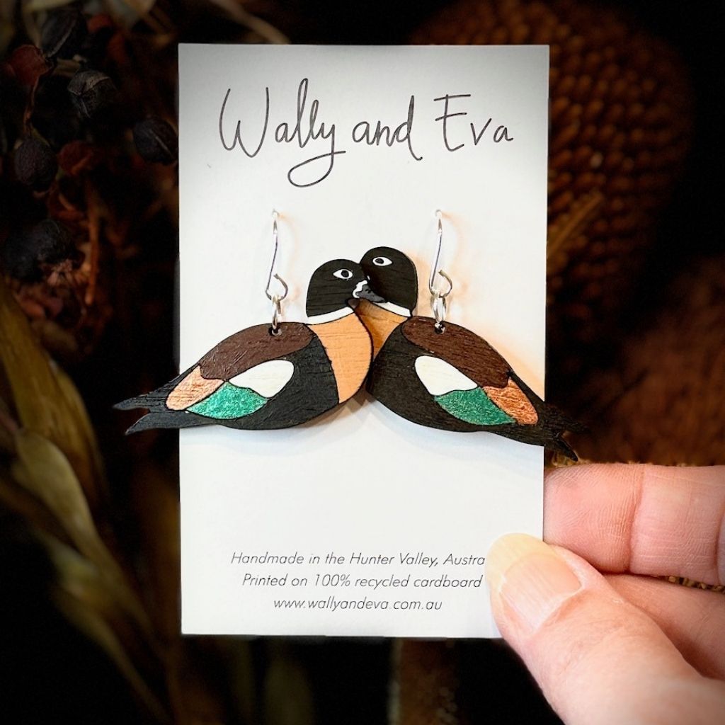 Australian Shelduck Hand Painted Wood Sterling Silver Earrings