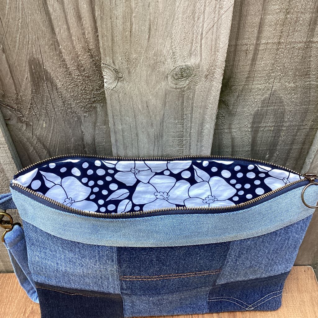 Large Upcycled Denim Pouch #3 - Patchwork Squares