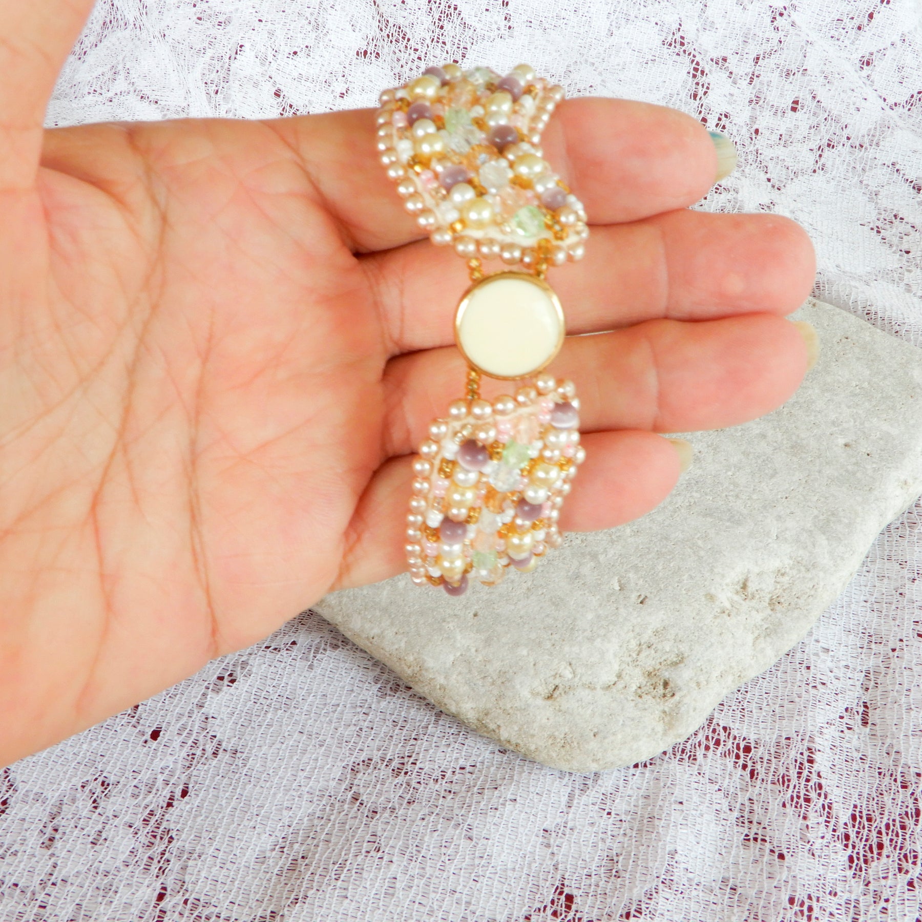 Pink & Gold Bead Embroidered Bracelet