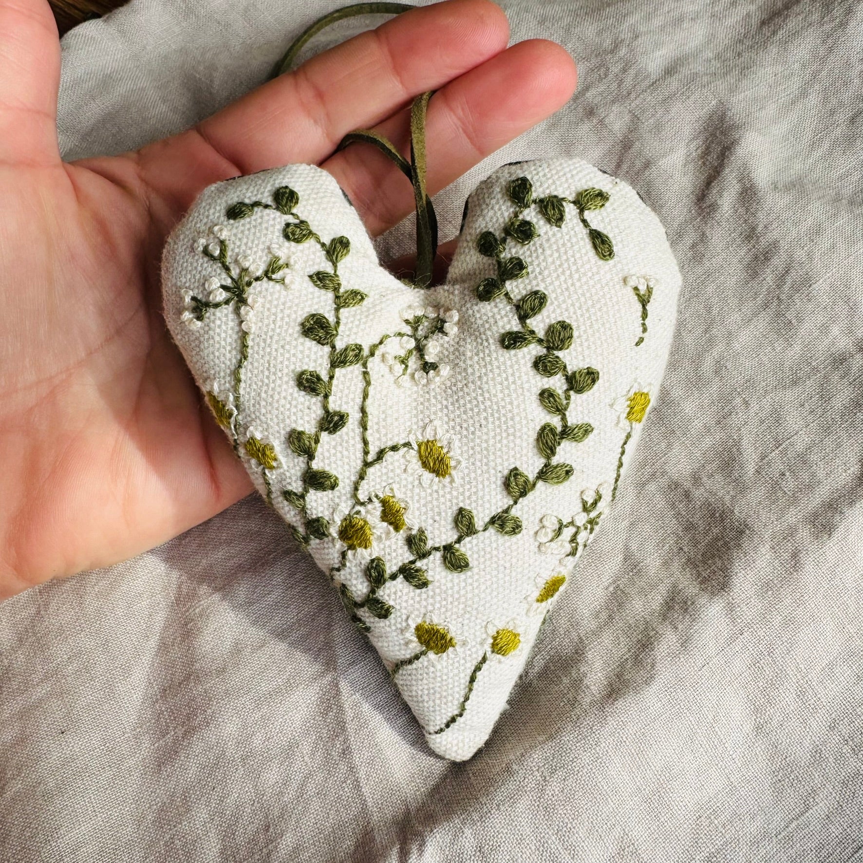 Hand Embroidered Keepsake Heart filled with Australian wool - Green Meadow