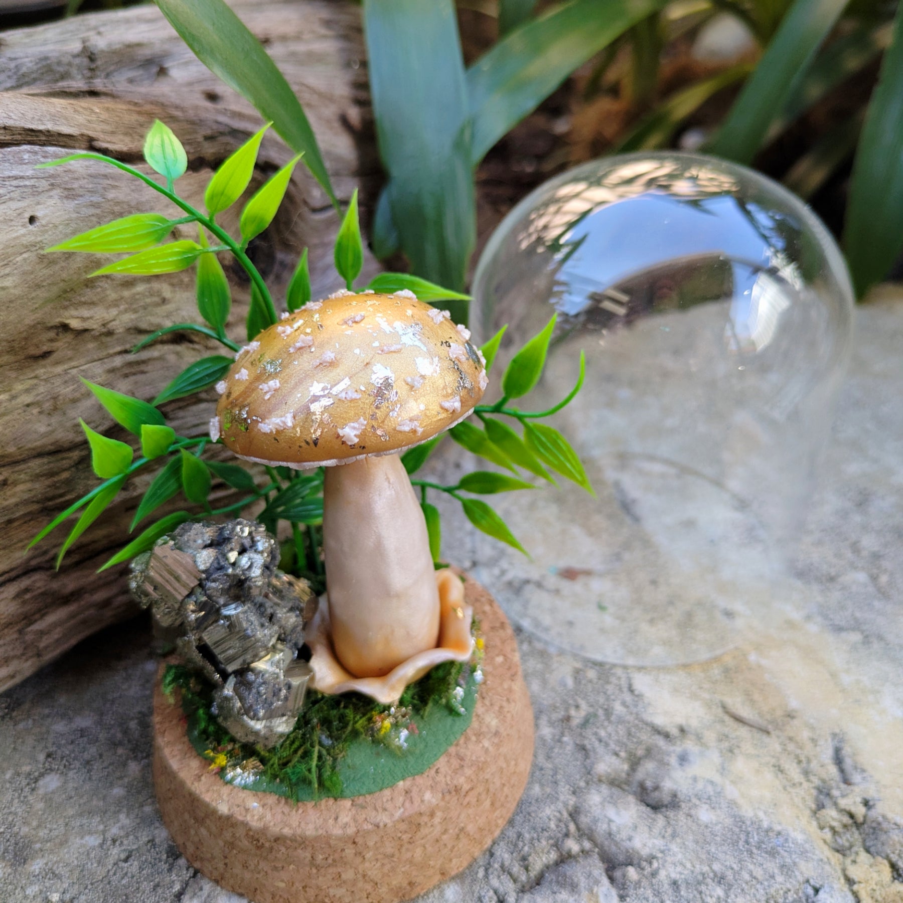 Golden Woodland Mushroom with Pyrite crystal in Glass dome