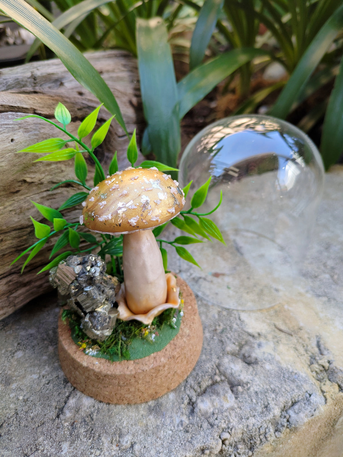 Golden Woodland Mushroom with Pyrite crystal in Glass dome