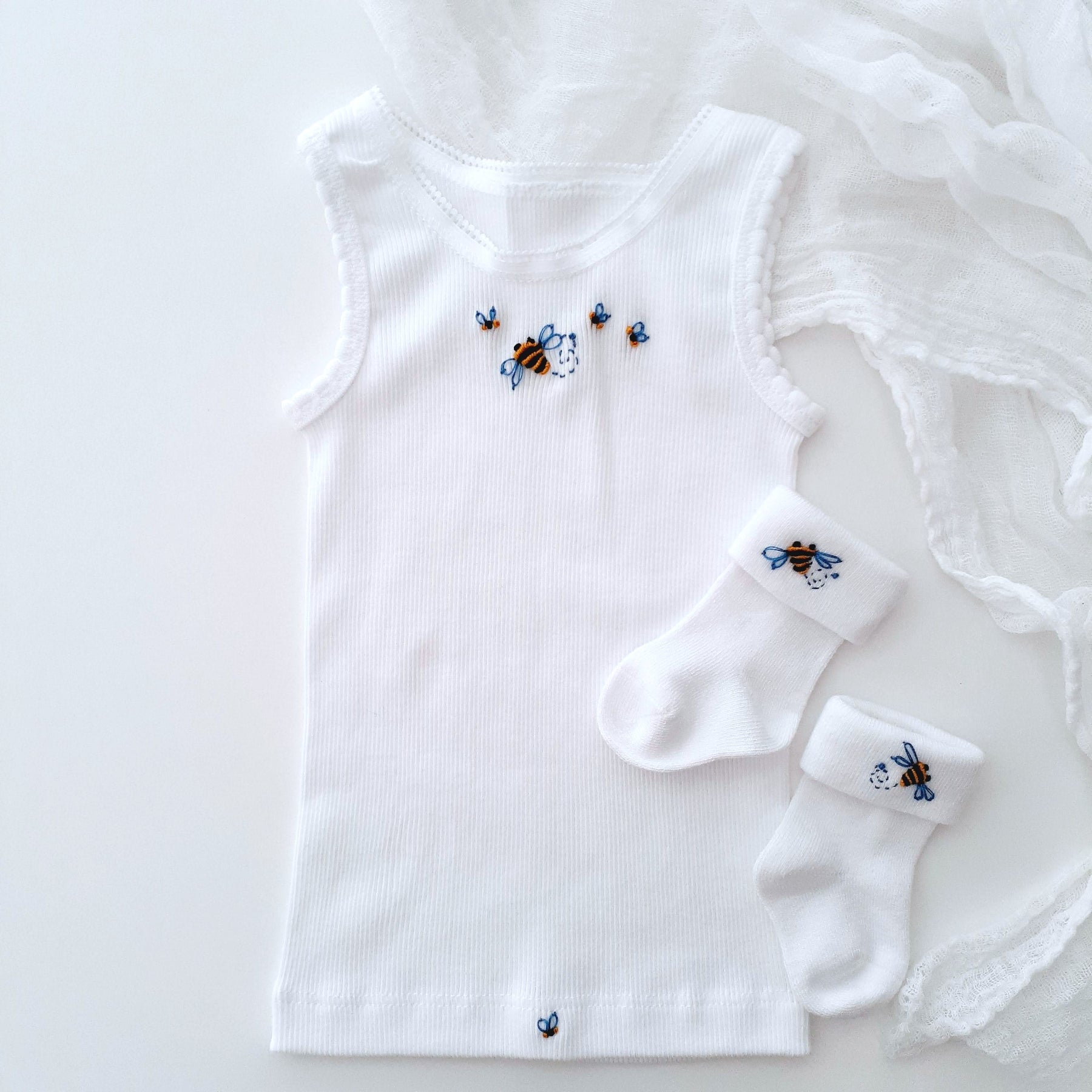 Newborn Cotton Baby Singlet, Hand Embroidered Bees, Baby Boy Gift