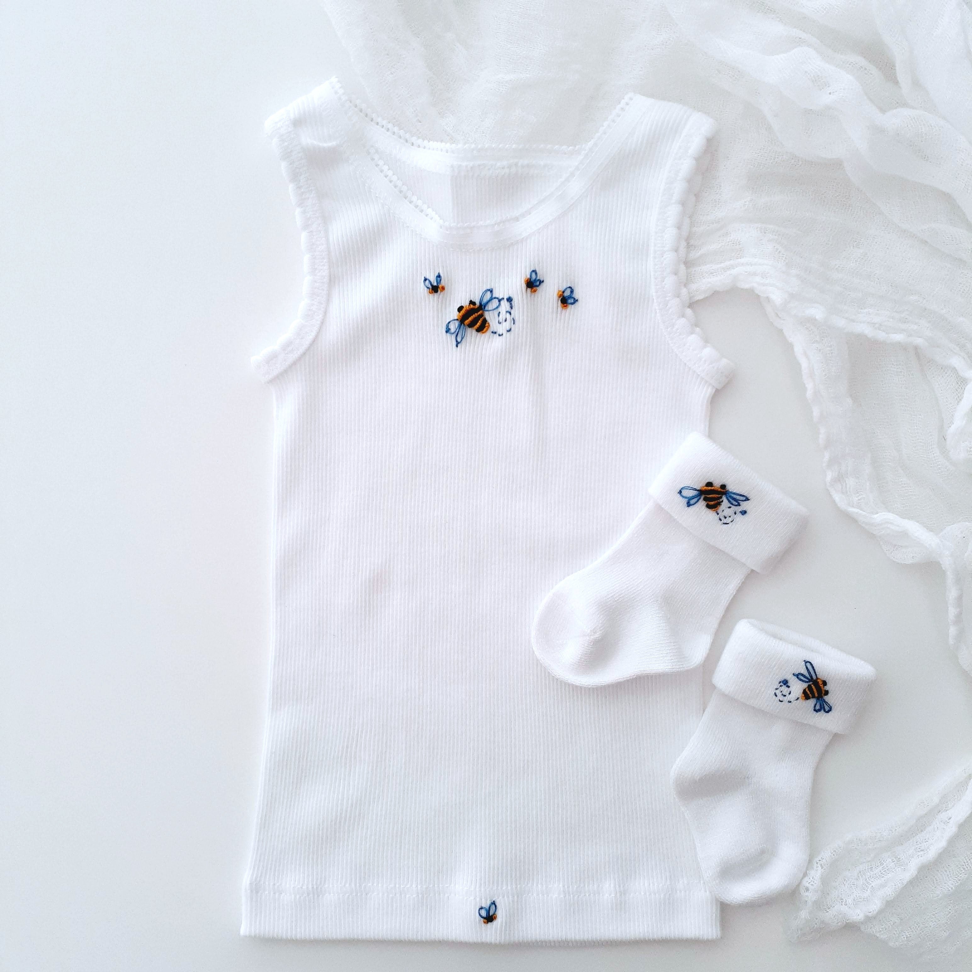 Newborn Cotton Baby Singlet, Hand Embroidered Bees, Baby Boy Gift