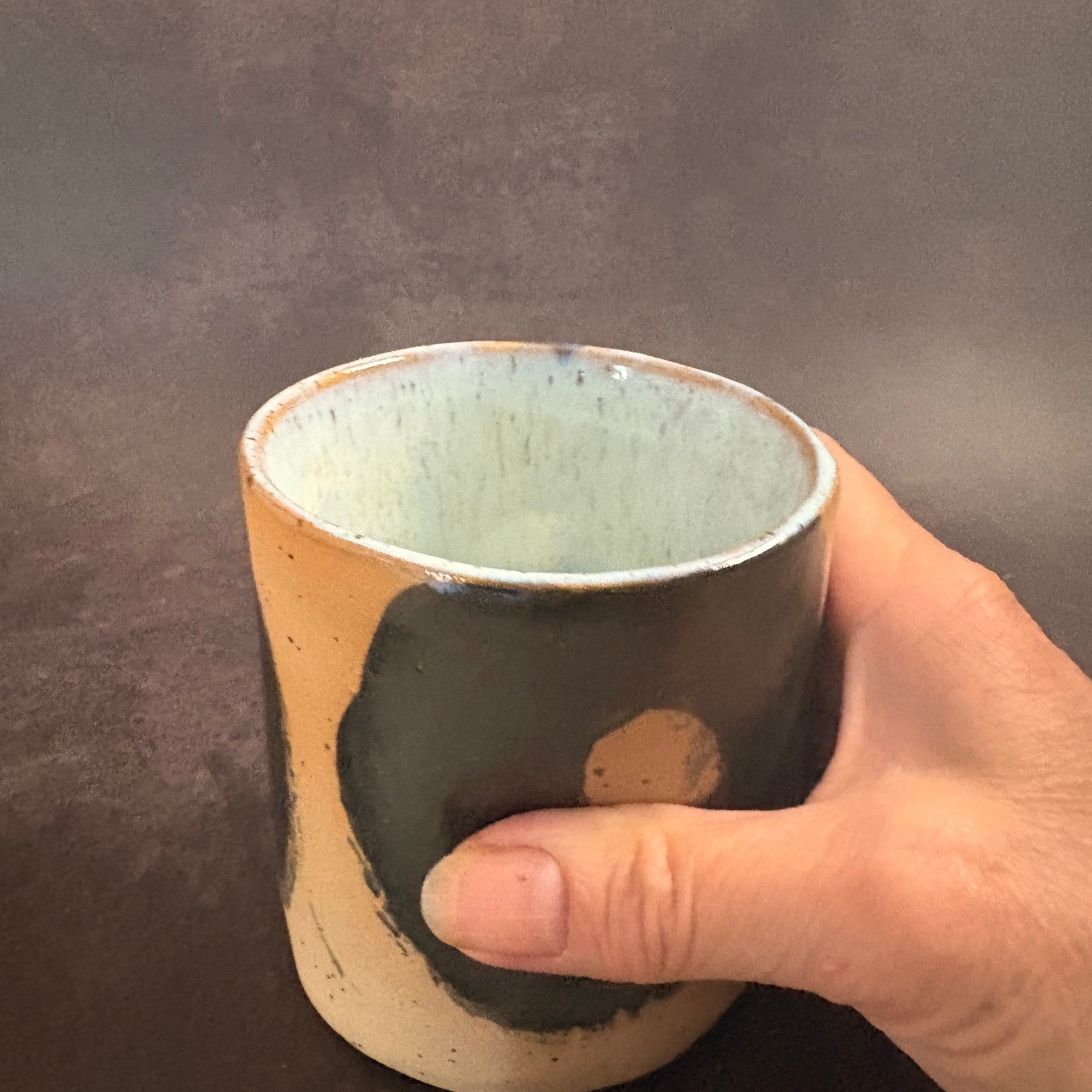 Handmade Stoneware Thumb Mug | Speckled Clay Coffee cup with graphic finish | 320ml