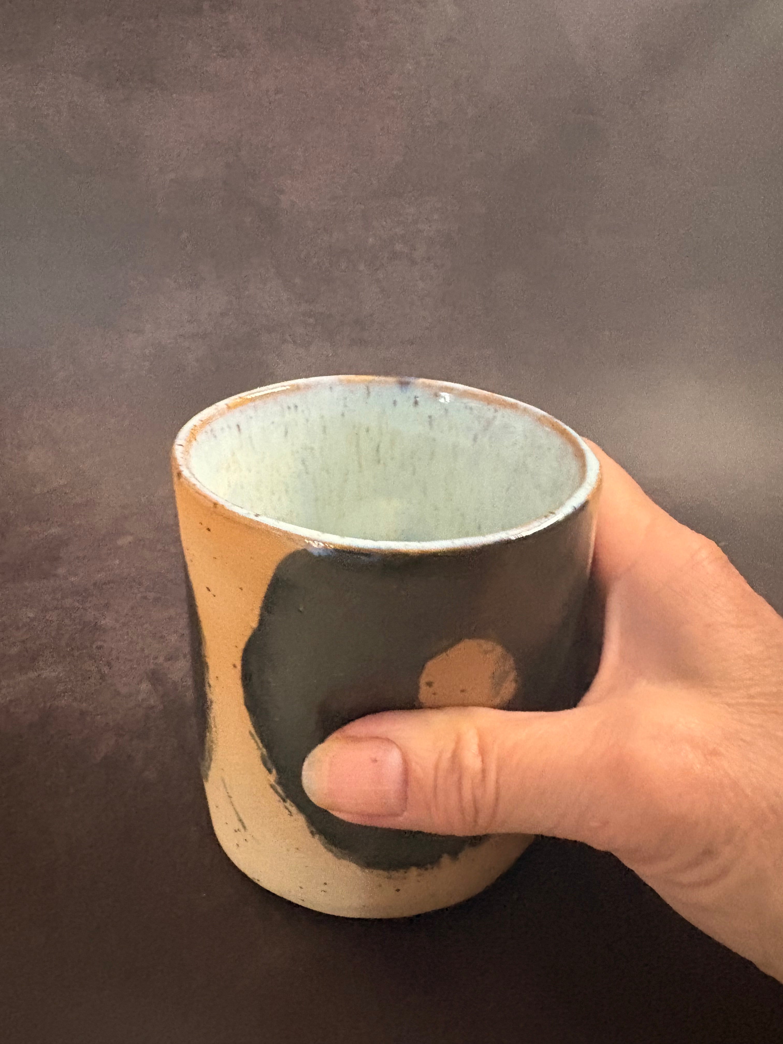Handmade Stoneware Thumb Mug | Speckled Clay Coffee cup with graphic finish | 320ml
