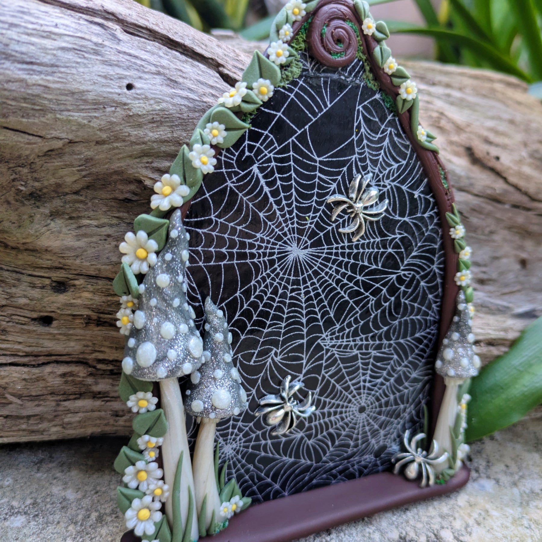Spiderweb Forest Fairy door with glow in the dark mushrooms