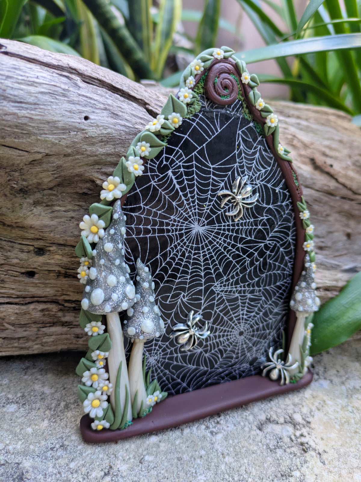 Spiderweb Forest Fairy door with glow in the dark mushrooms