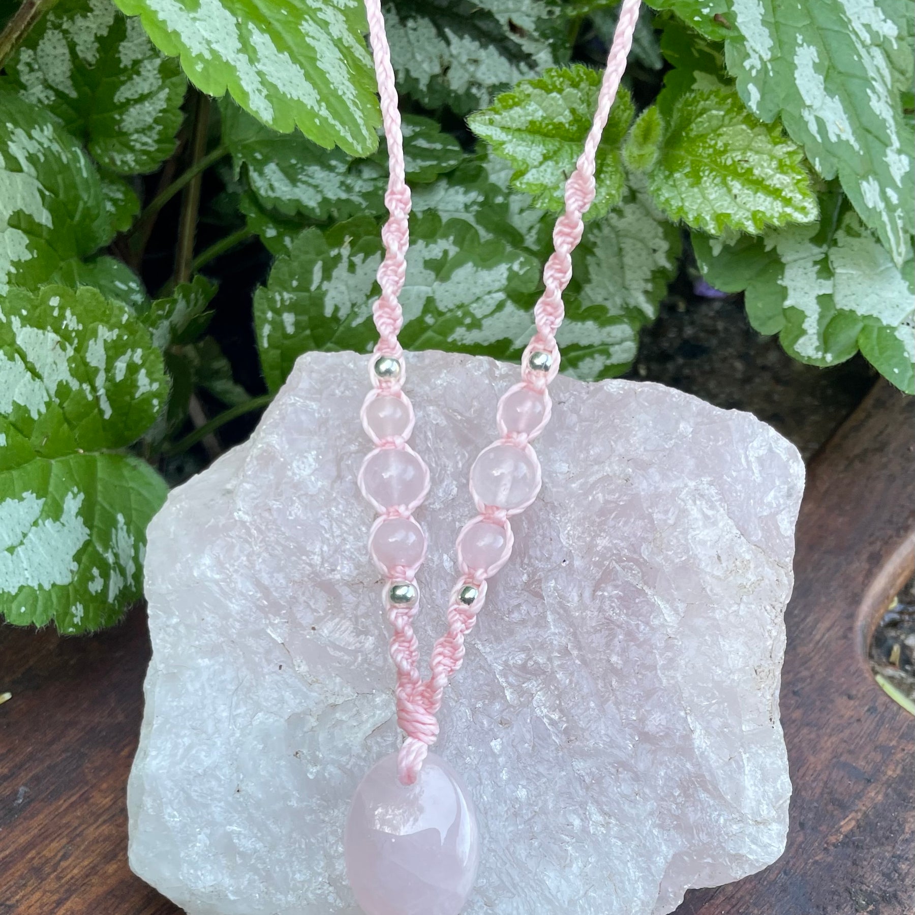 Rose Quartz Pendant, oval shape, beaded necklace adjustable