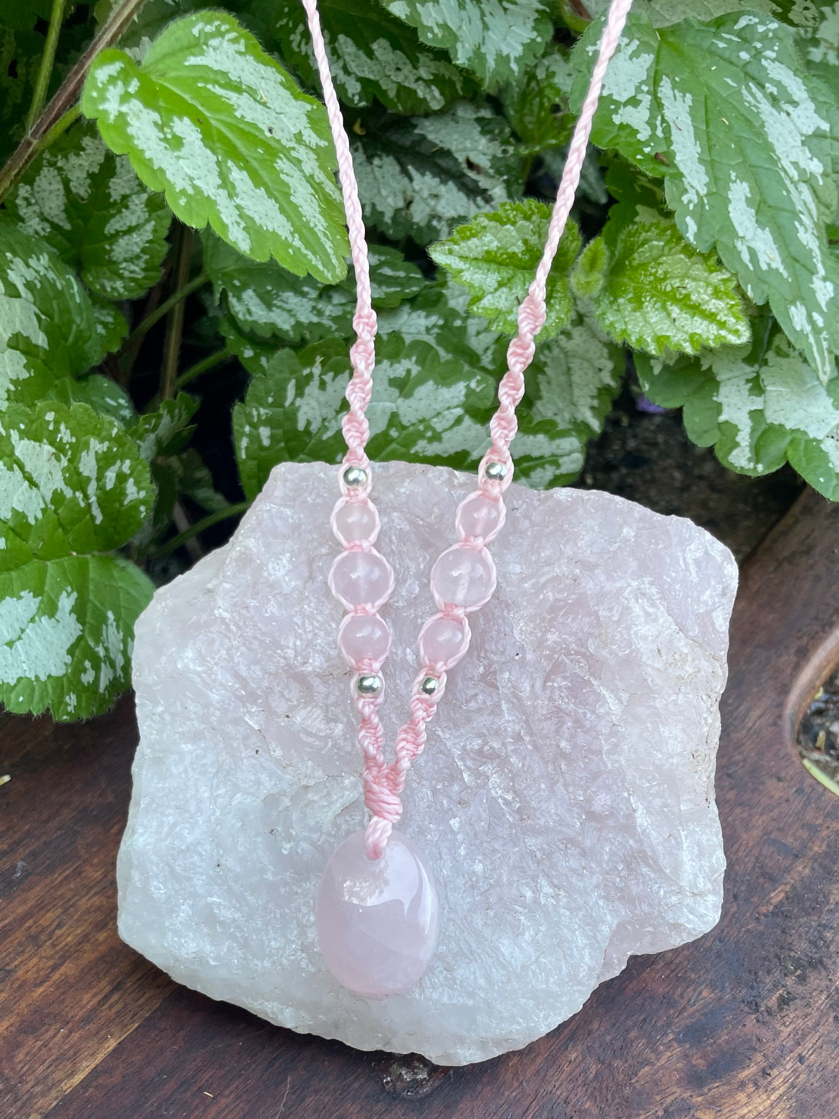 Rose Quartz Pendant, oval shape, beaded necklace adjustable