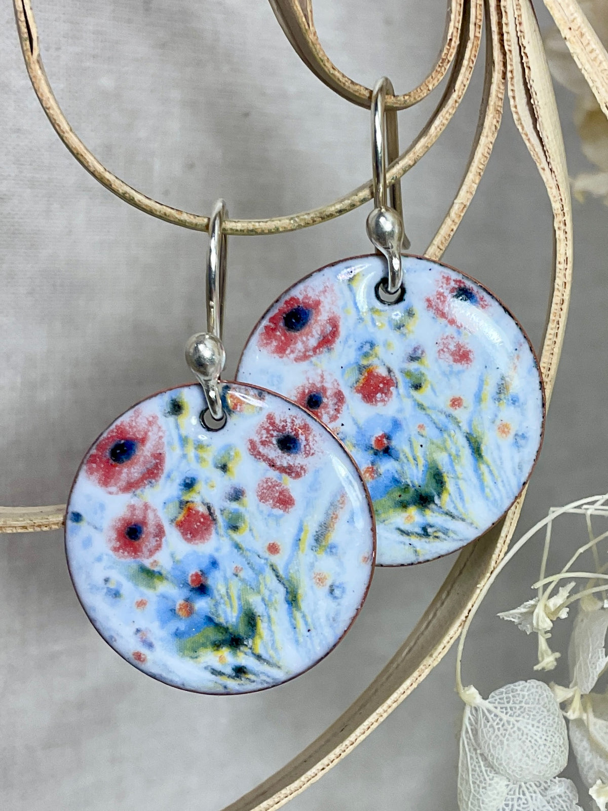 Red poppy design enamel earrings. Handmade