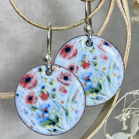 Red poppy design enamel earrings. Handmade