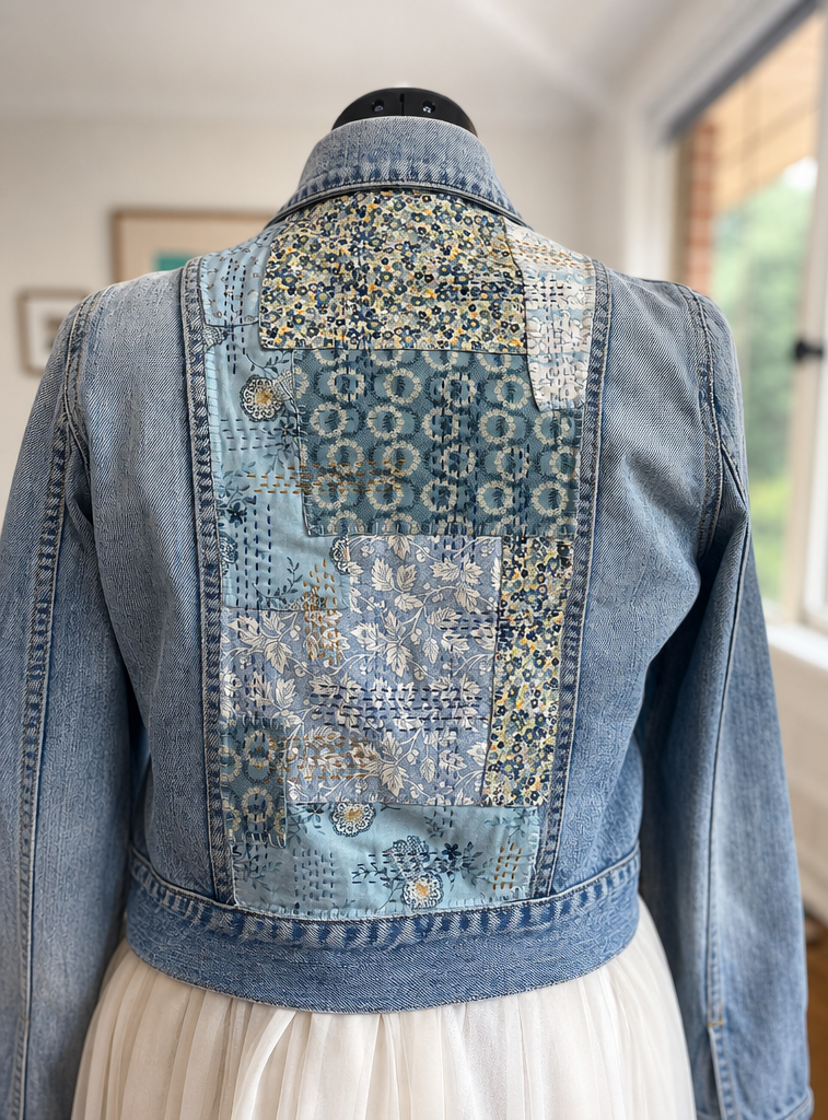 Sashiko Floral Denim Jacket Upcycled Wearable Art