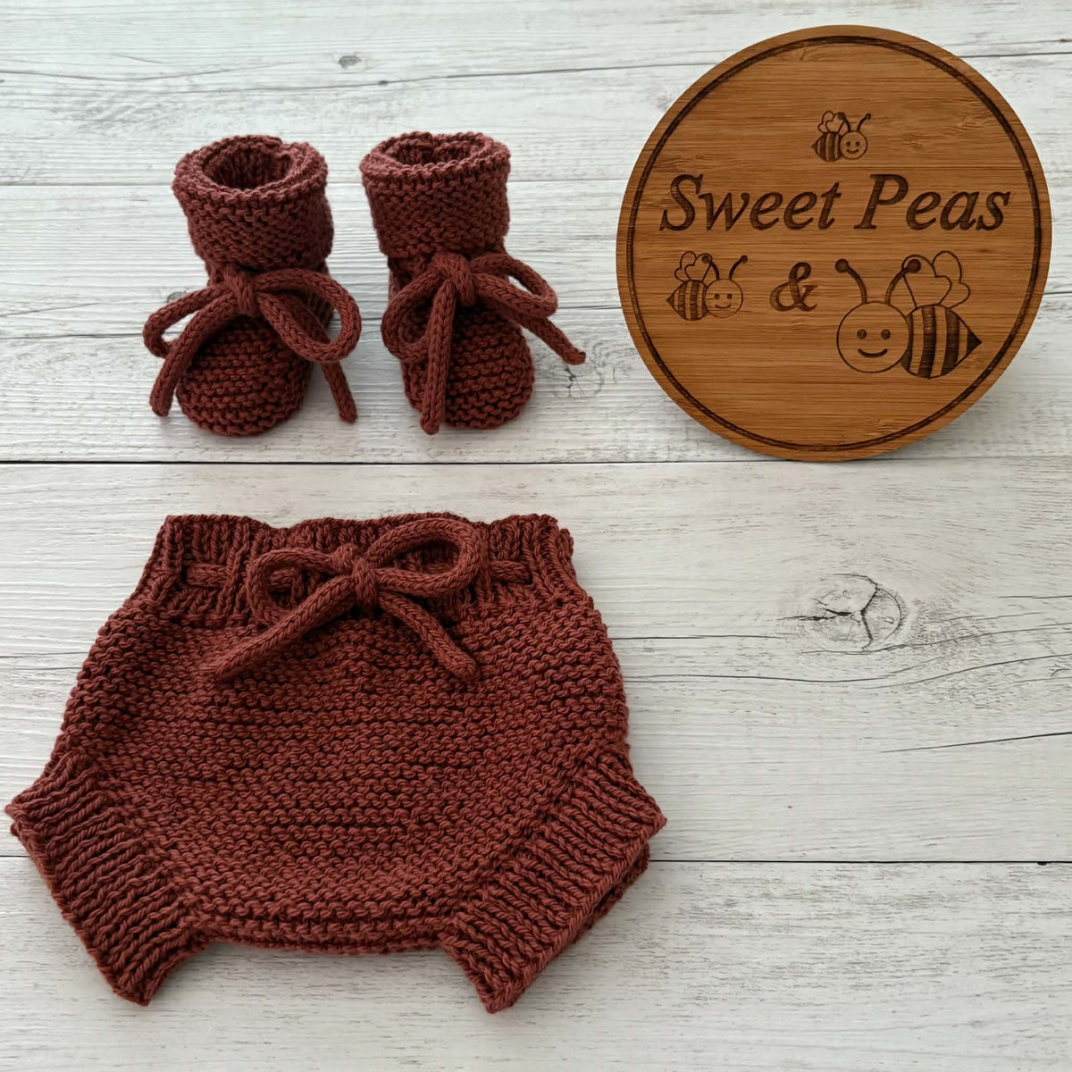 Hand Knitted Nappy Cover, Booties & Bib
