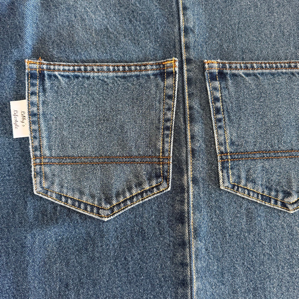 Up cycled denim Japanese style cross back kitchen apron. Crafting, gardening, no ties apron.
