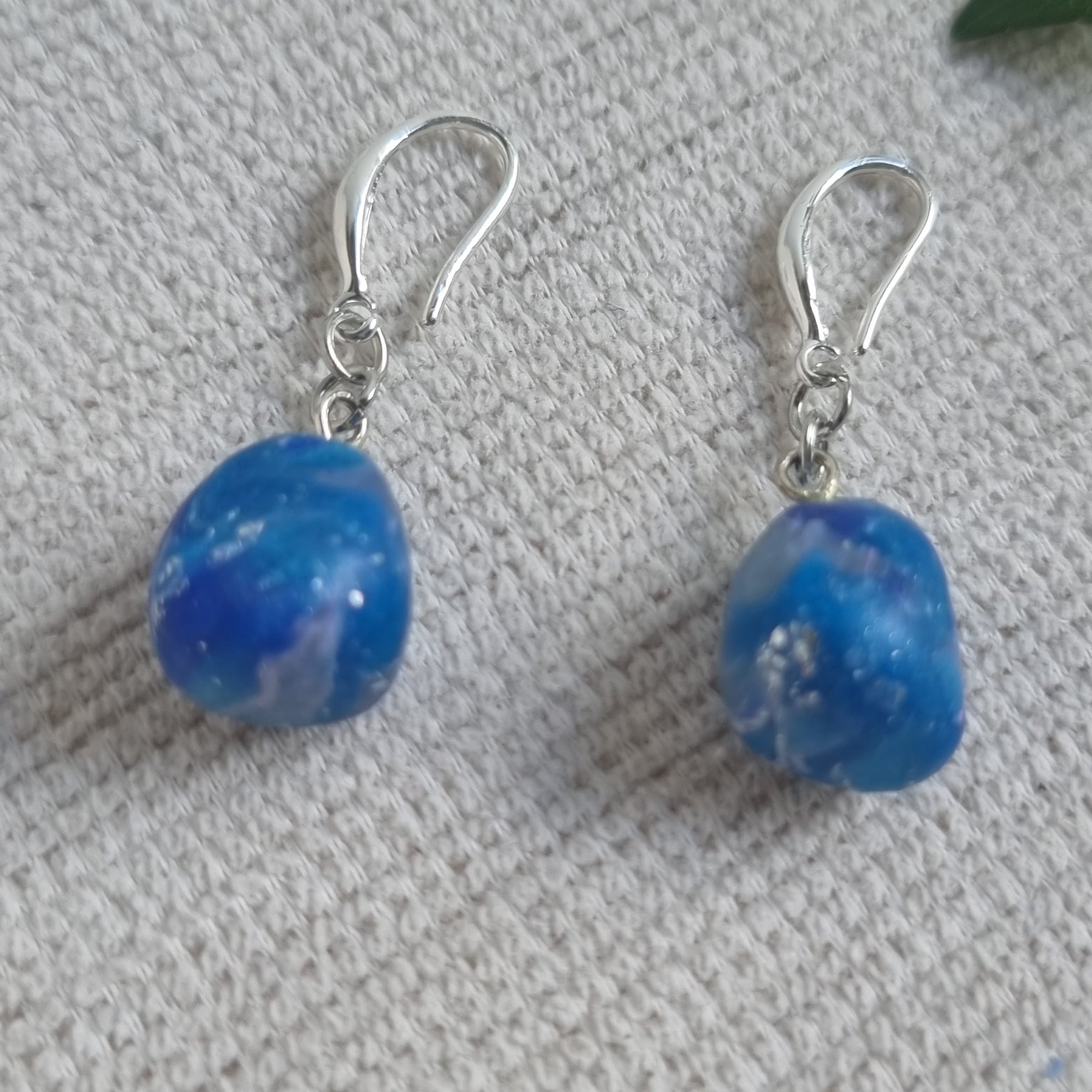 Ocean Pebble Dangle = Blue and Silver marble effect earrings