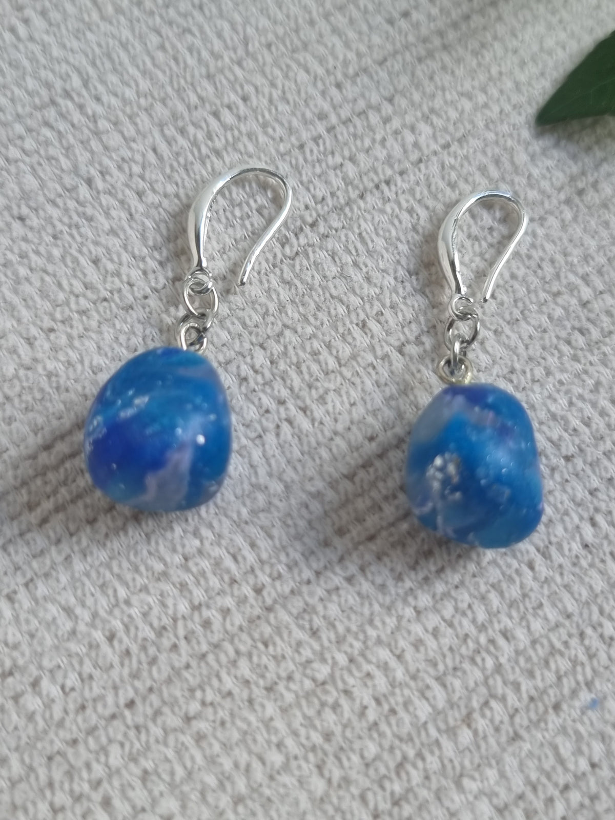 Ocean Pebble Dangle = Blue and Silver marble effect earrings