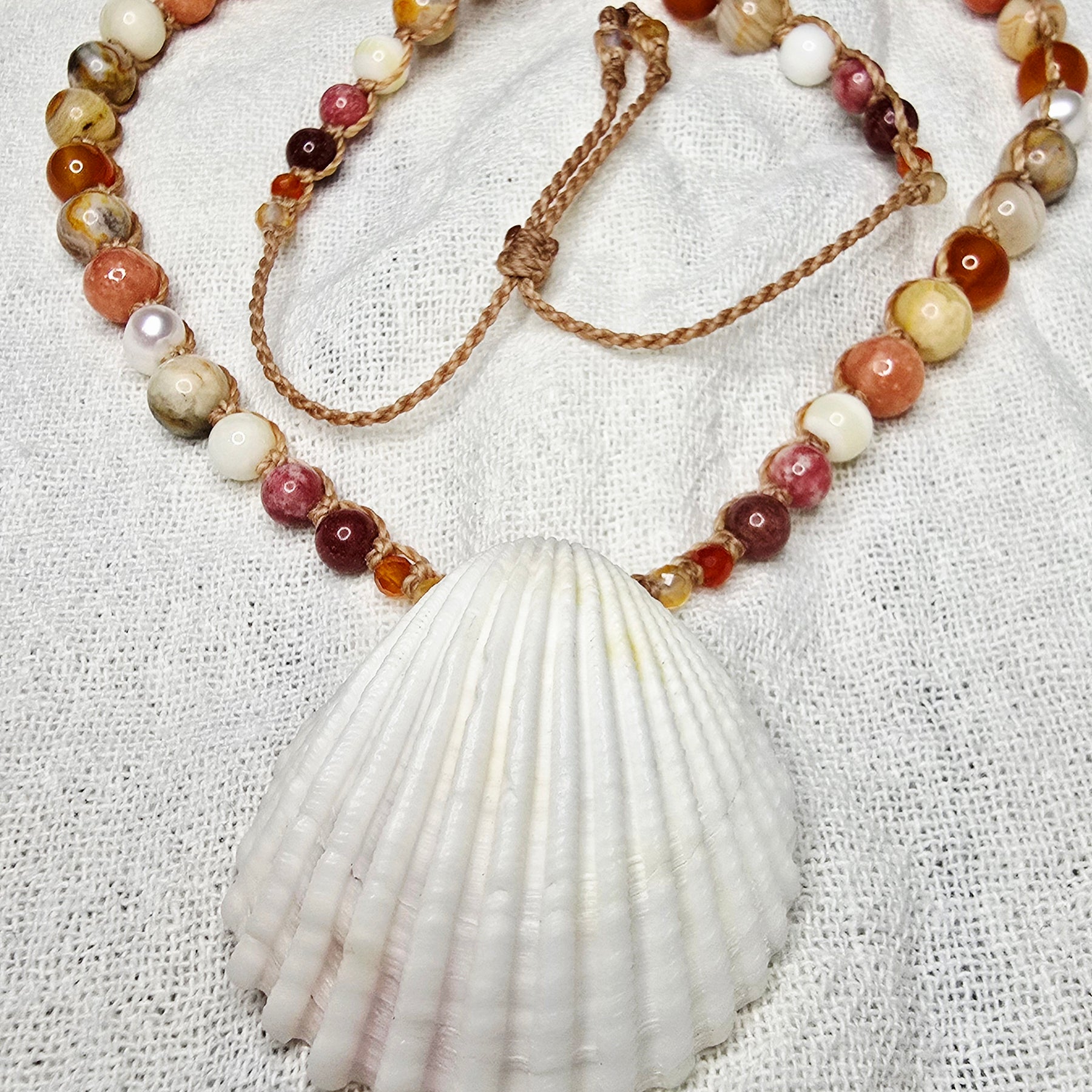 Cockle Shell Necklace Adjustable with Pearls and Gemstones