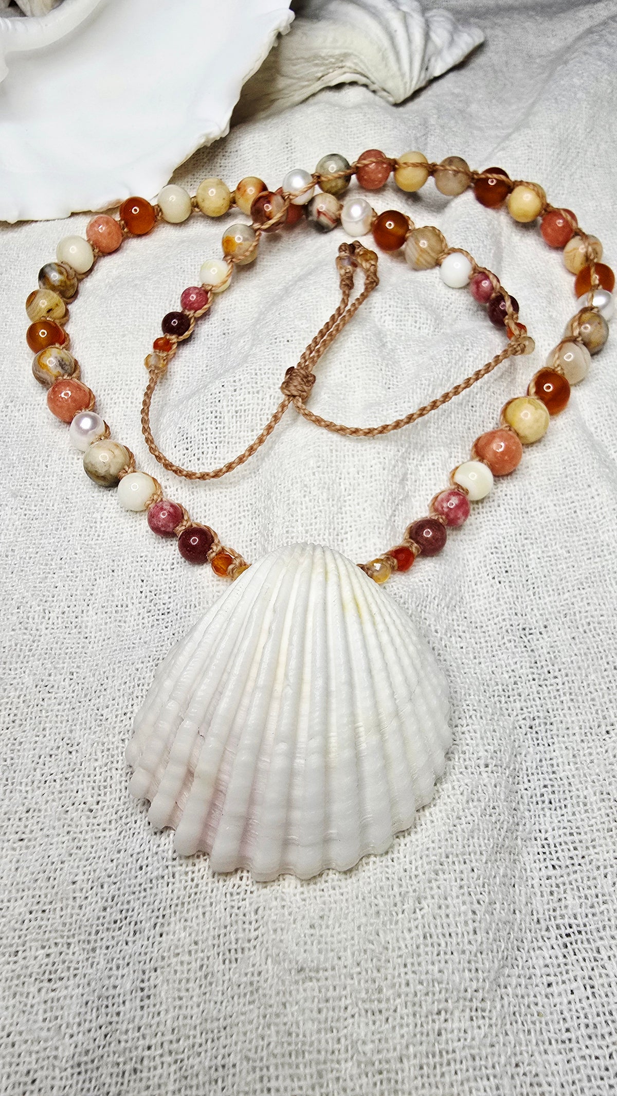 Cockle Shell Necklace Adjustable with Pearls and Gemstones