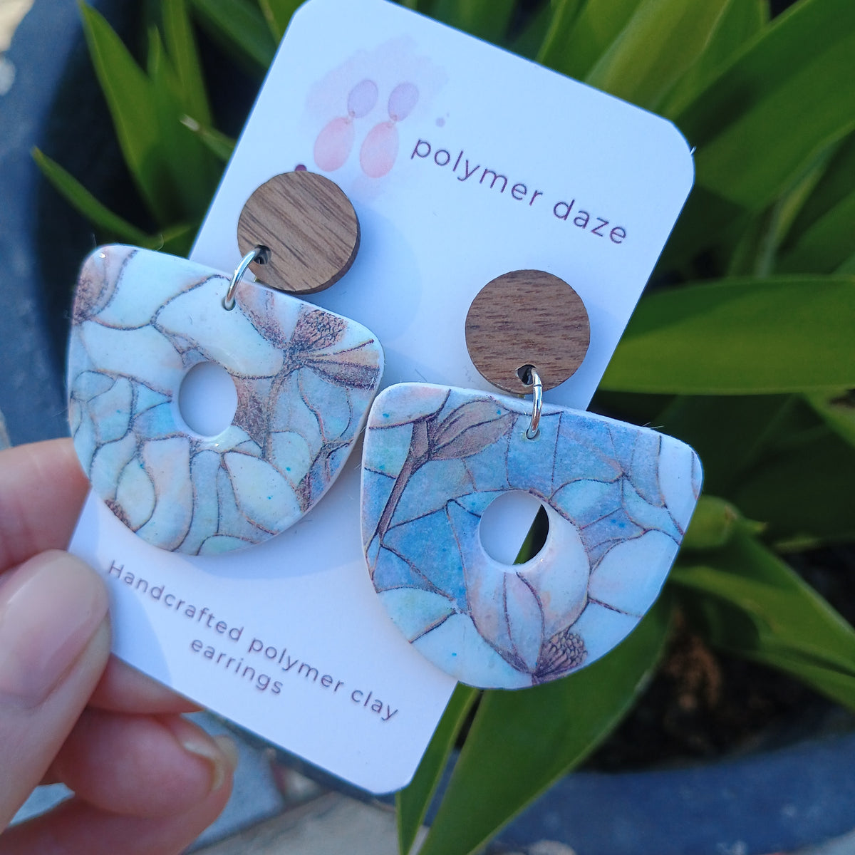 Marble floral earrings with natural wood stud