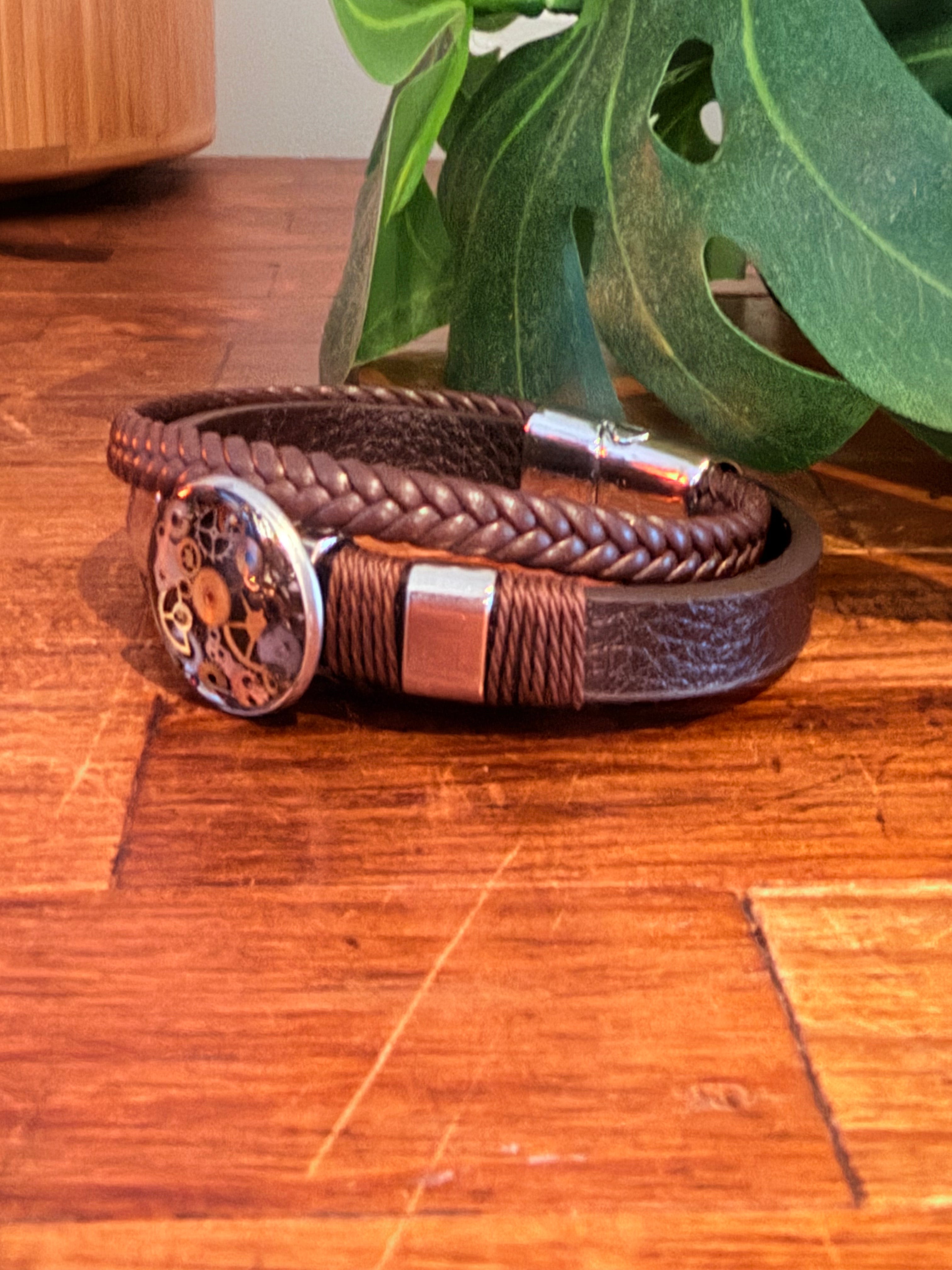 Steampunk watch parts cuff/bracelet brown leather