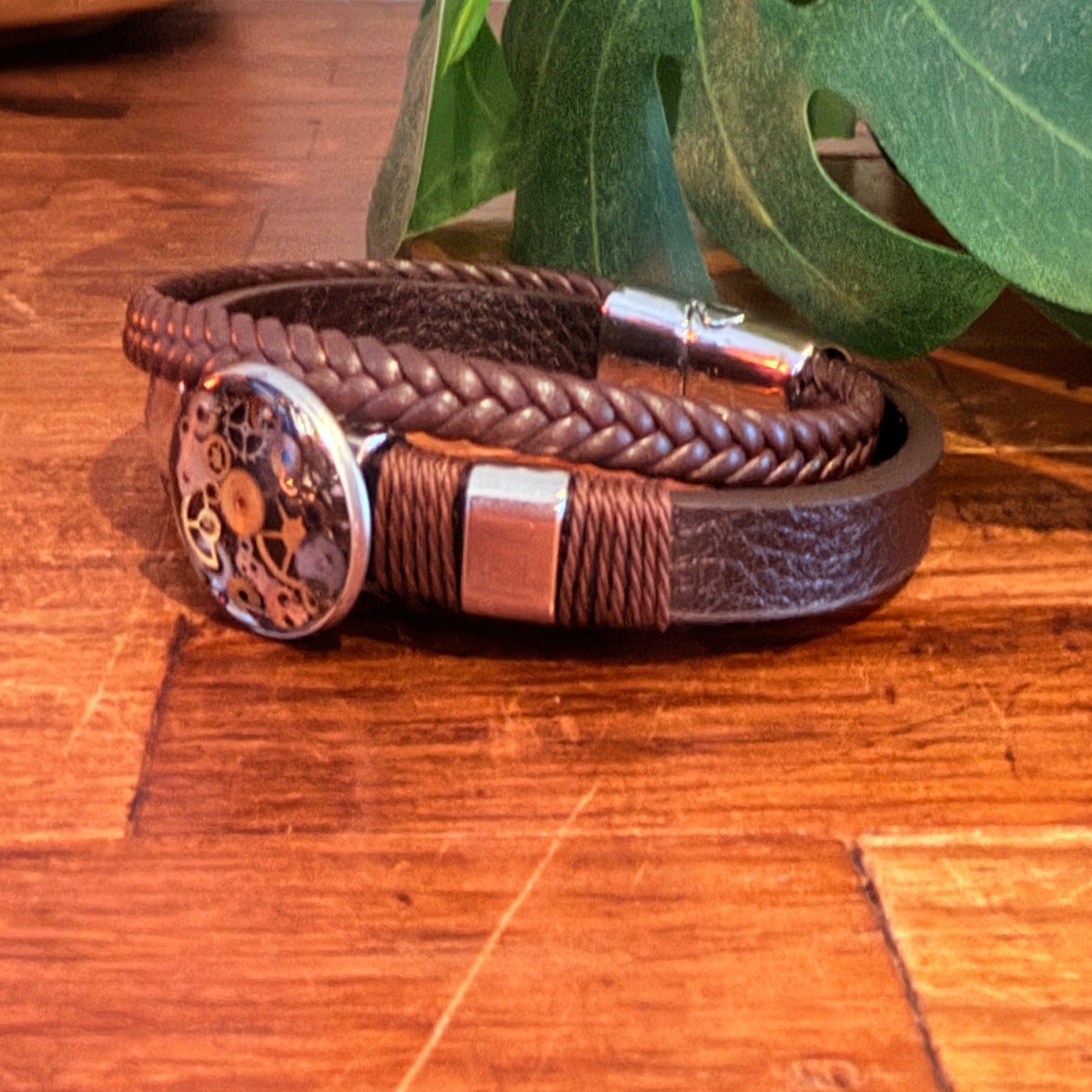 Steampunk watch parts cuff/bracelet brown leather