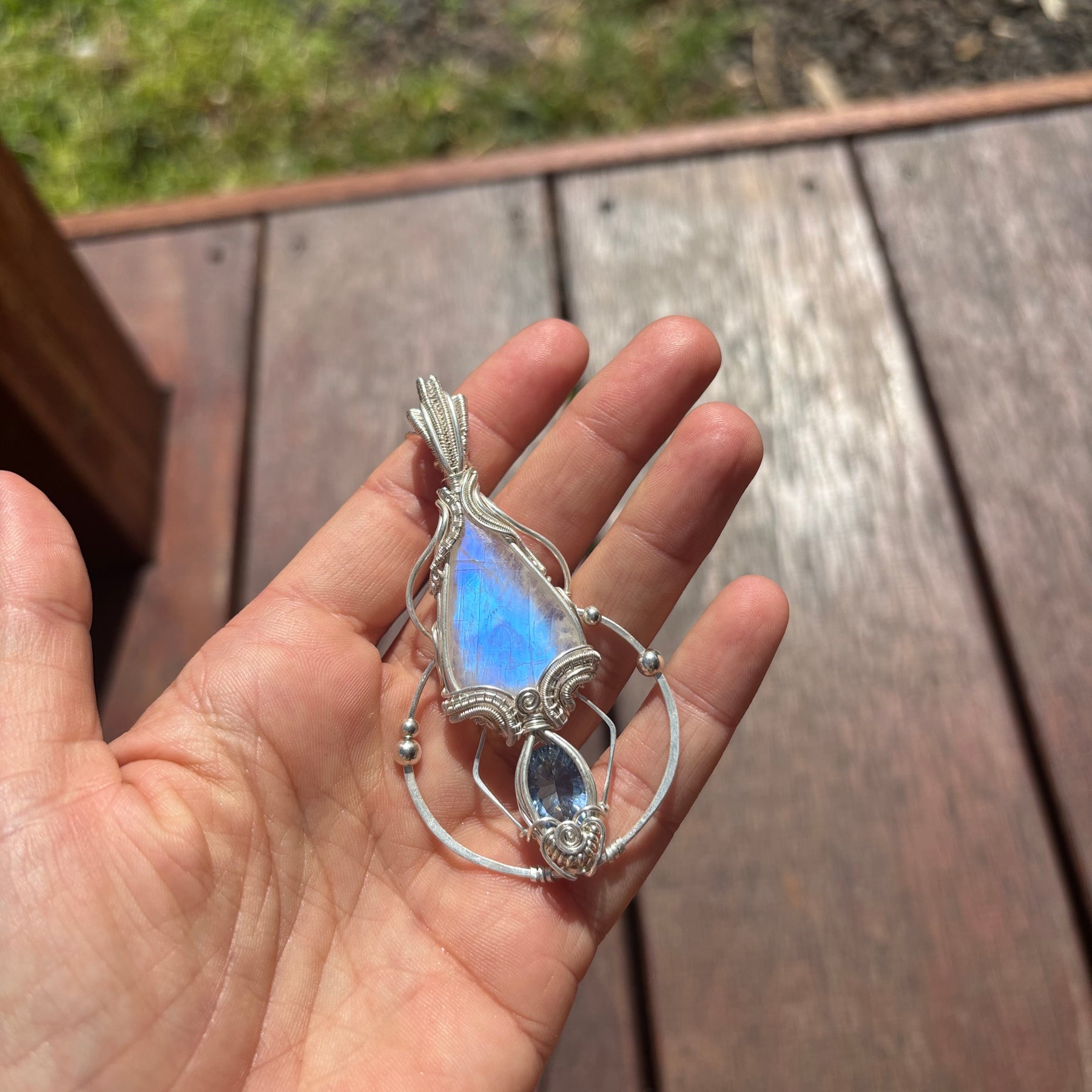 Moonstone, mystic Quartz fantasy geometry pendant