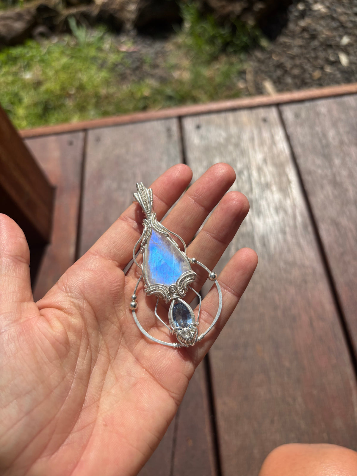 Moonstone, mystic Quartz fantasy geometry pendant