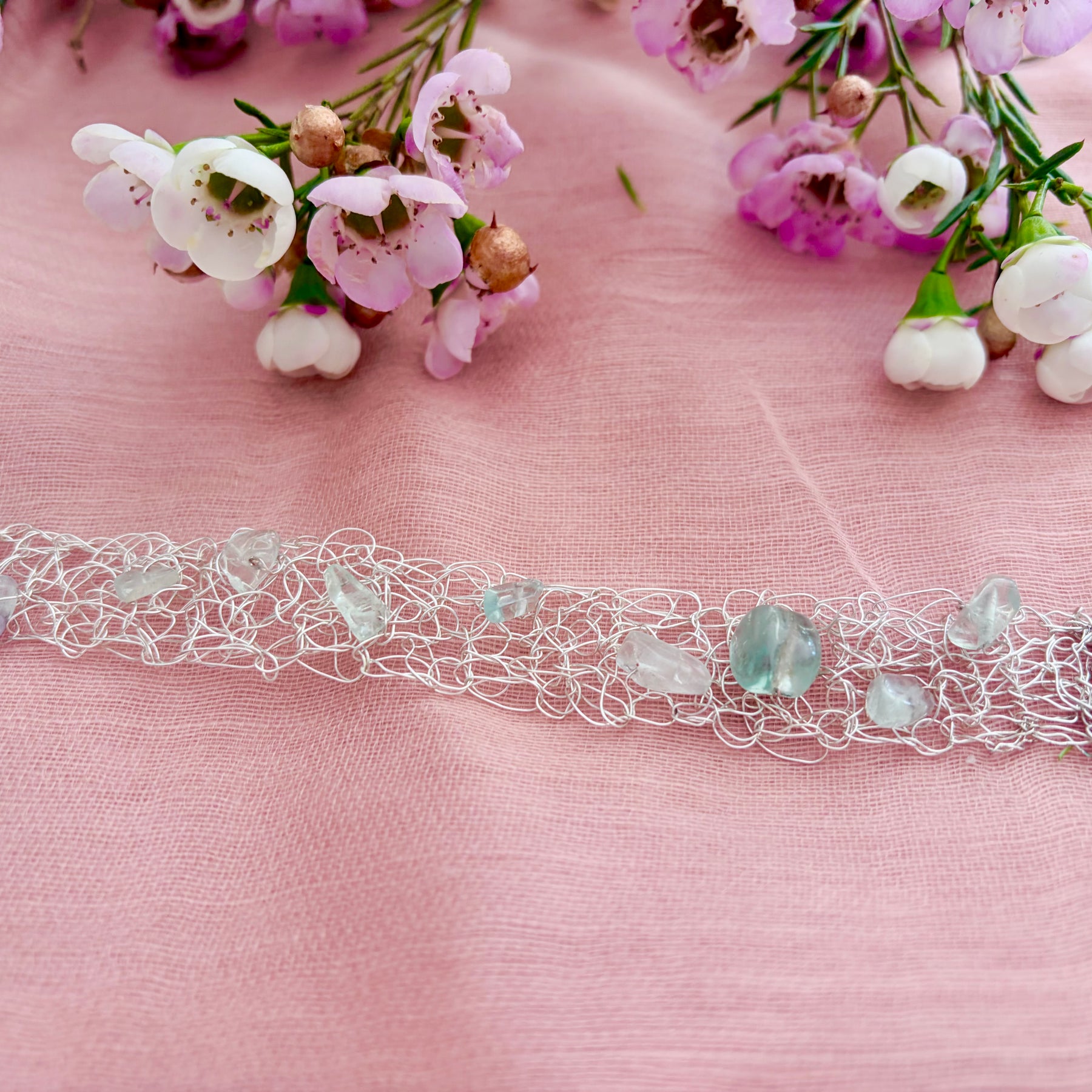 ✨FLUORITE WHISPER✨ Silver-blend crochet bracelet