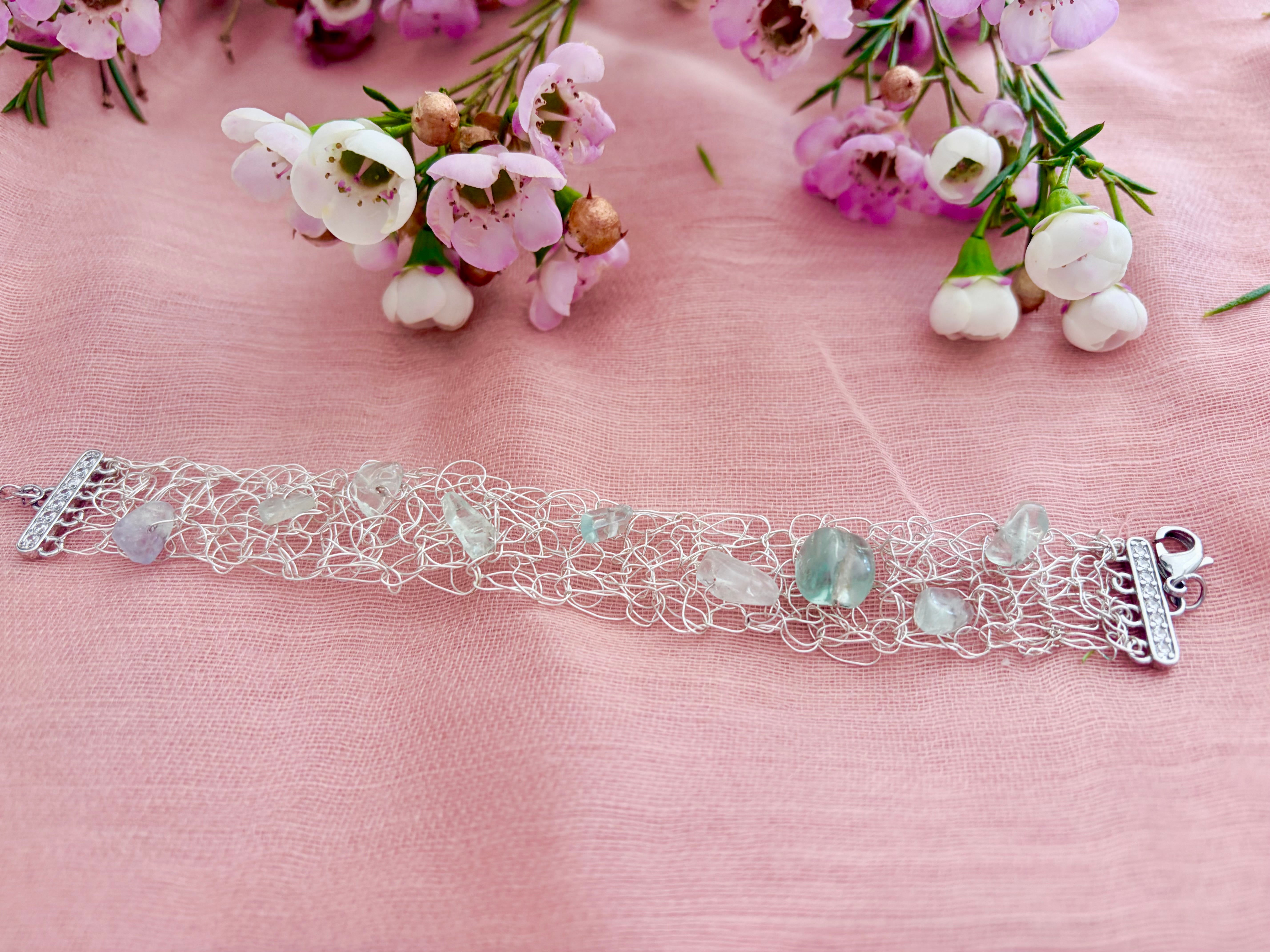 ✨FLUORITE WHISPER✨ Silver-blend crochet bracelet