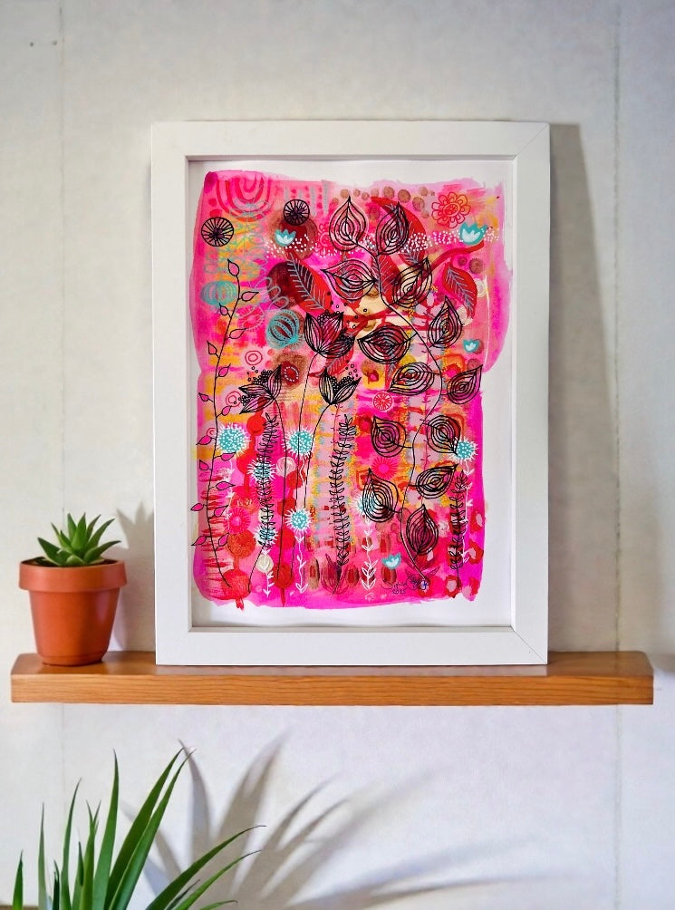 Hand Painted Original Art : Blossoming In Hot Pink