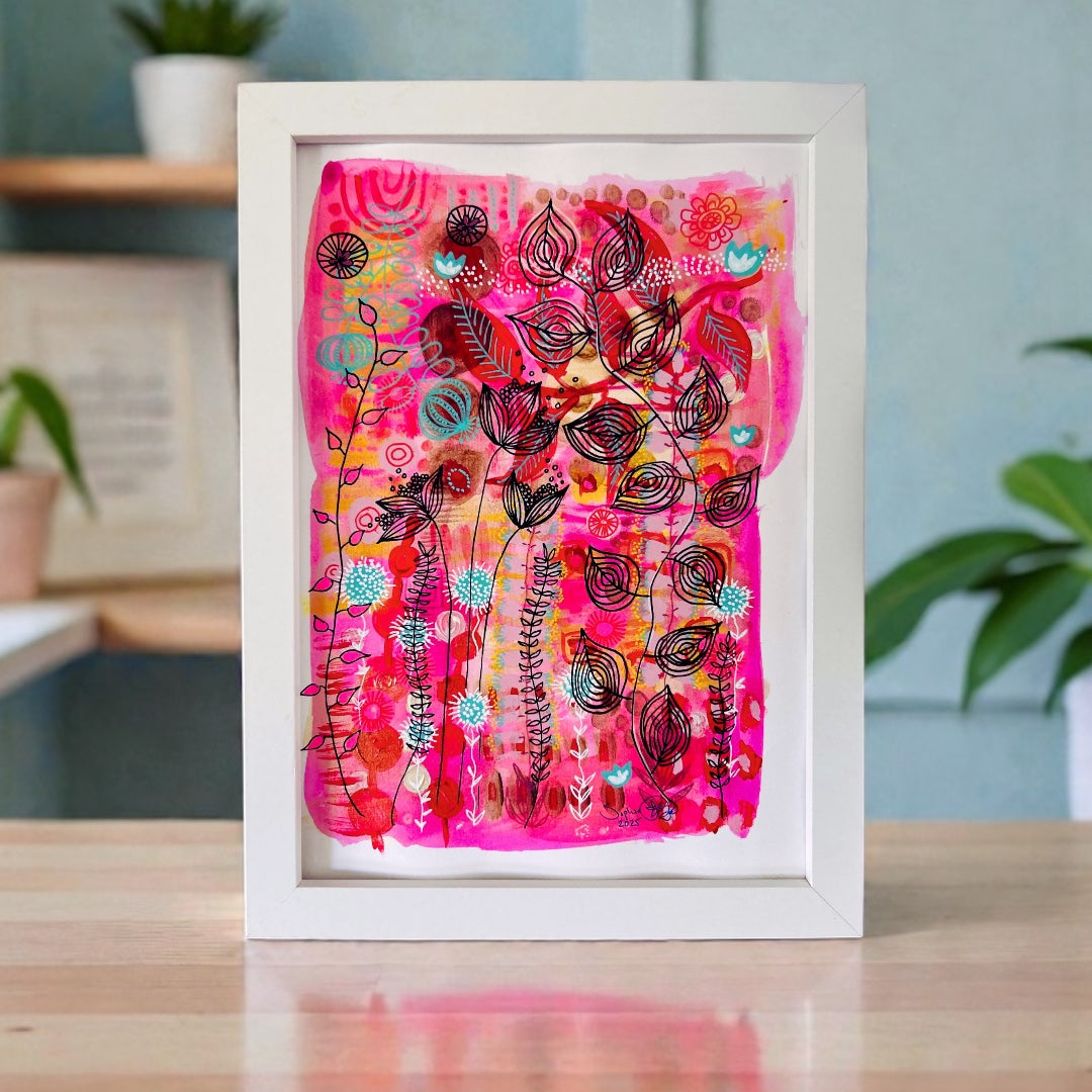 Hand Painted Original Art : Blossoming In Hot Pink