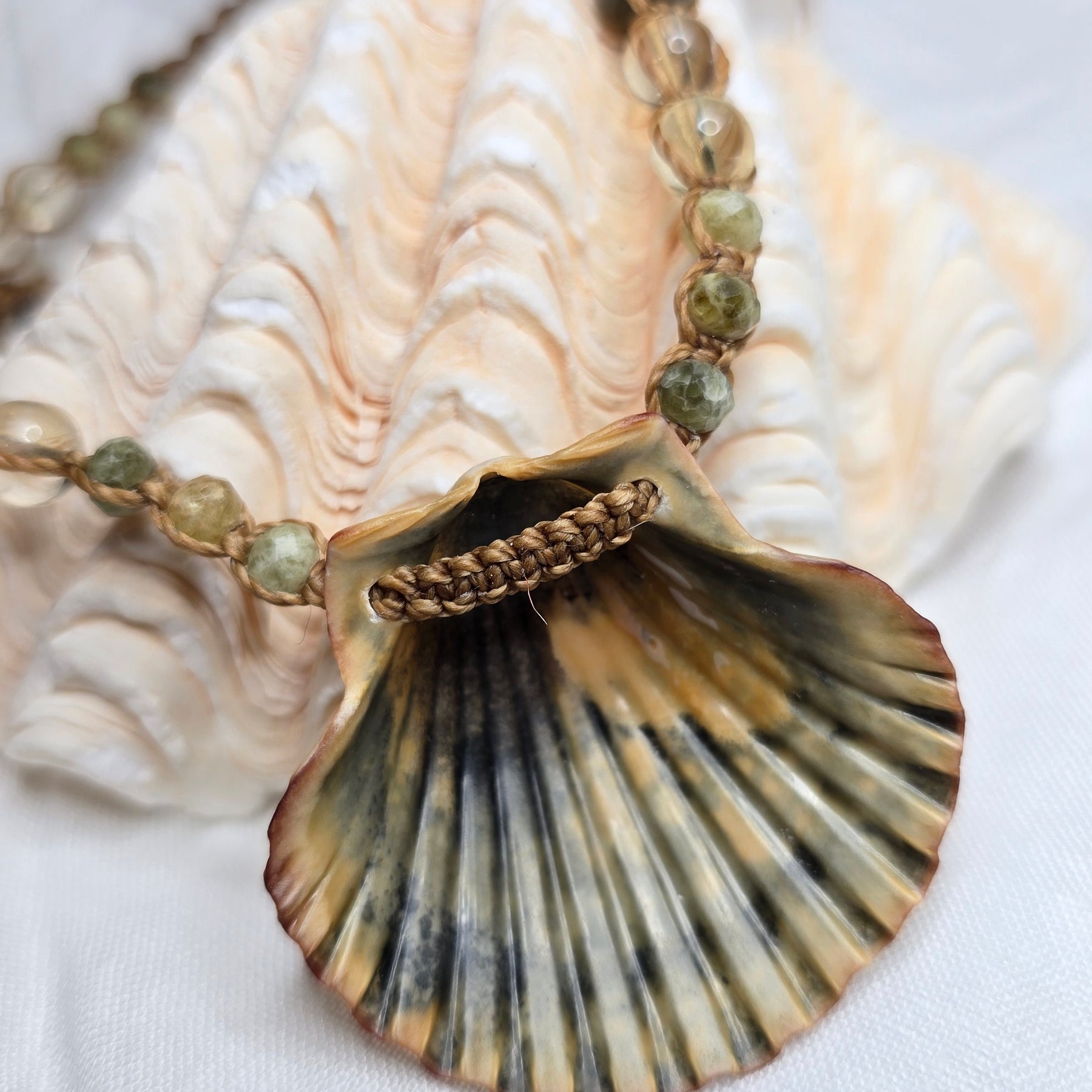 Scallop Shell Necklace with Labradorite and Yellow Opal