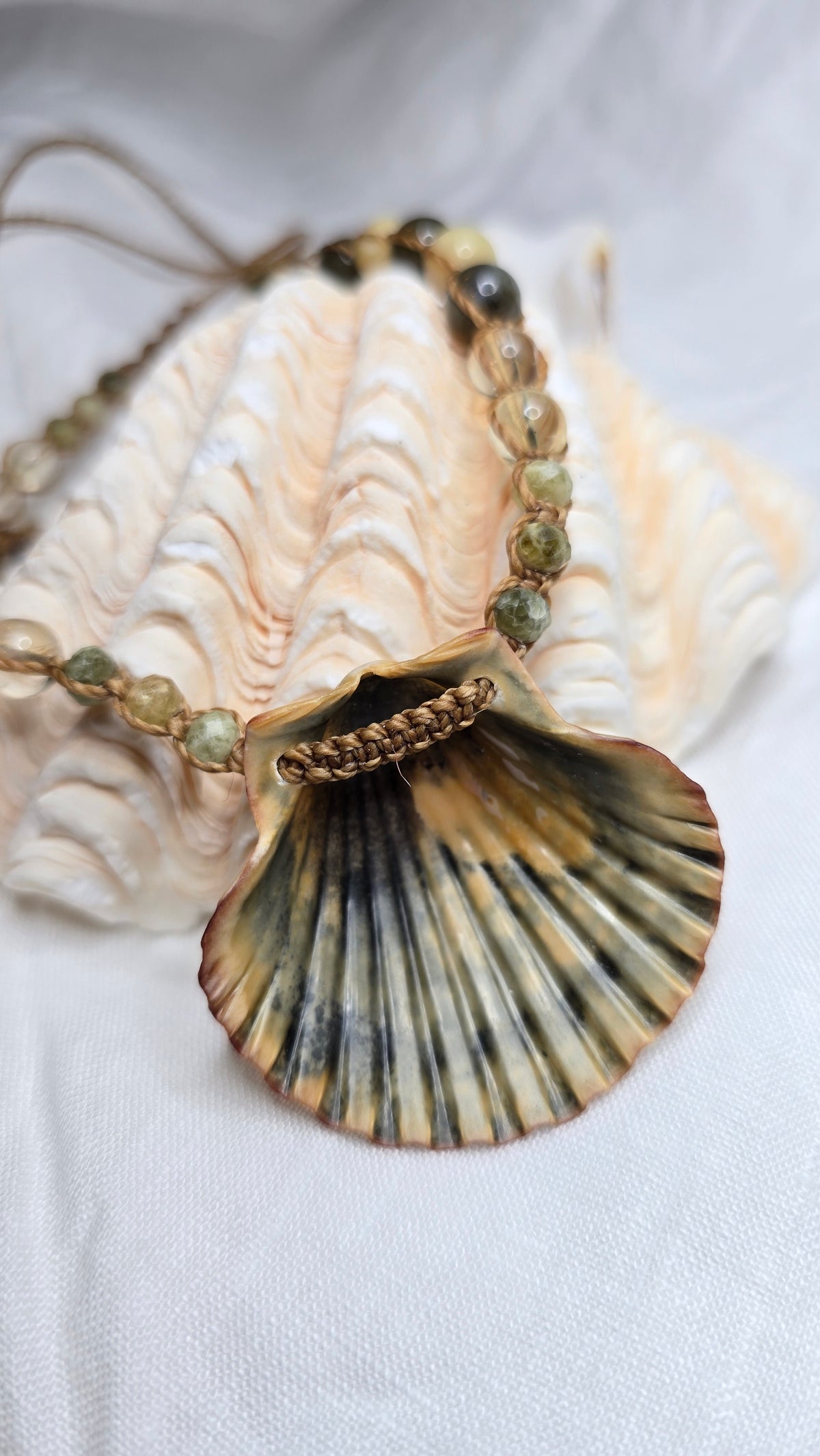Scallop Shell Necklace with Labradorite and Yellow Opal