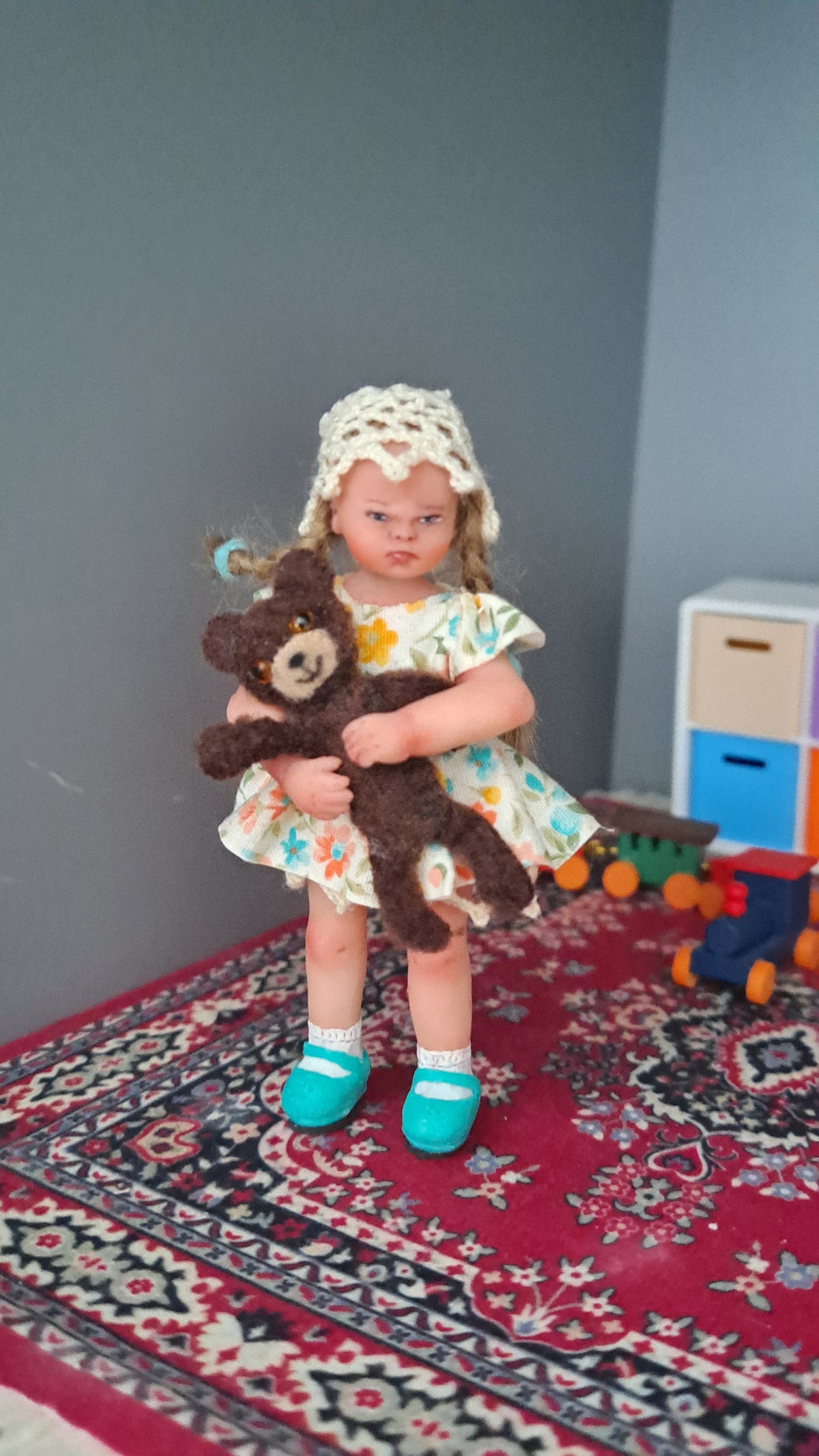 Grumpy Girl Art Doll – 1:12 Scale OOAK Collector Set with Teddy Bear, Rug