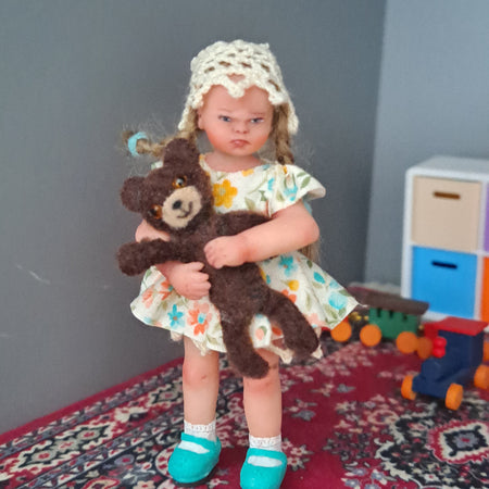 Grumpy Girl Art Doll – 1:12 Scale OOAK Collector Set with Teddy Bear, Rug
