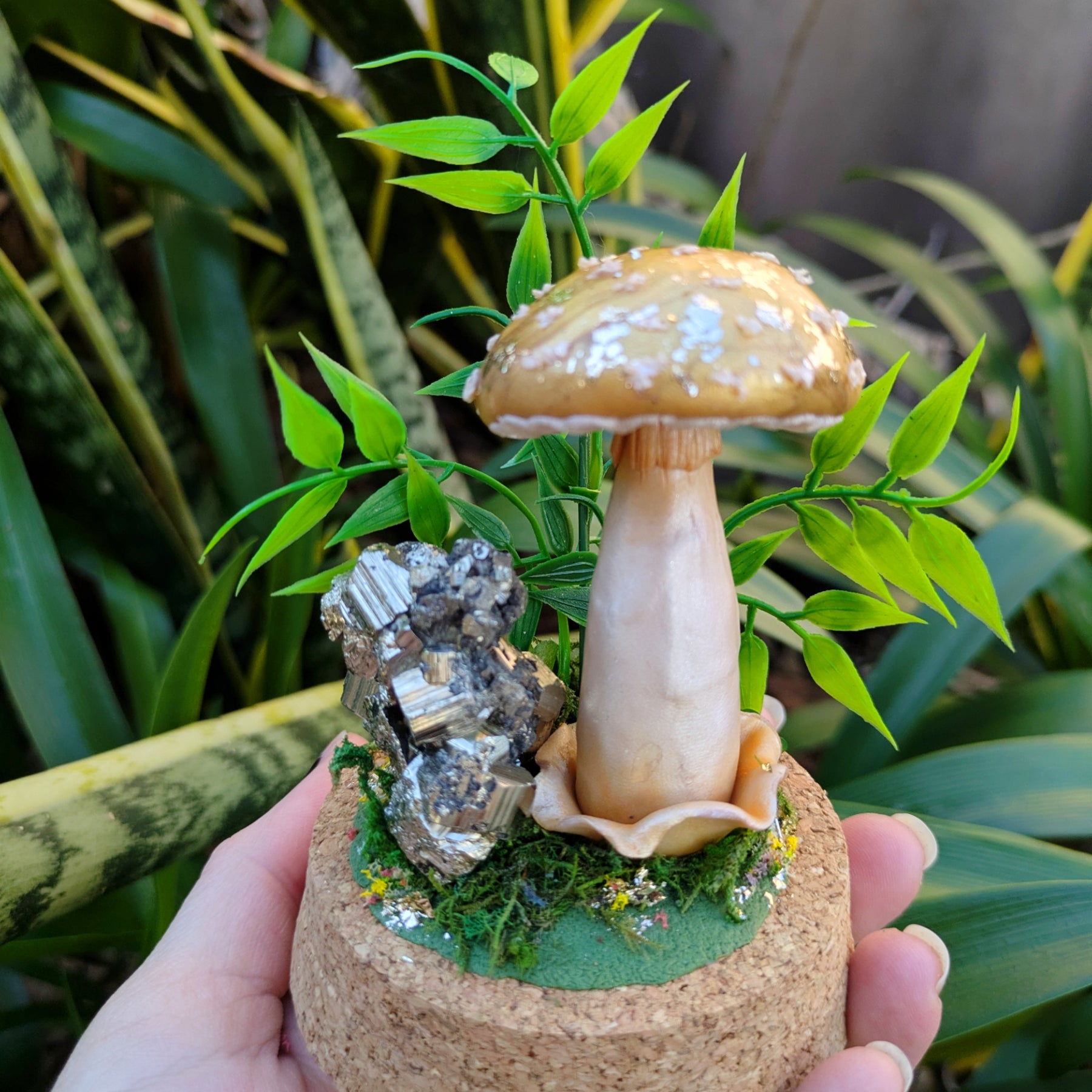 Golden Woodland Mushroom with Pyrite crystal in Glass dome