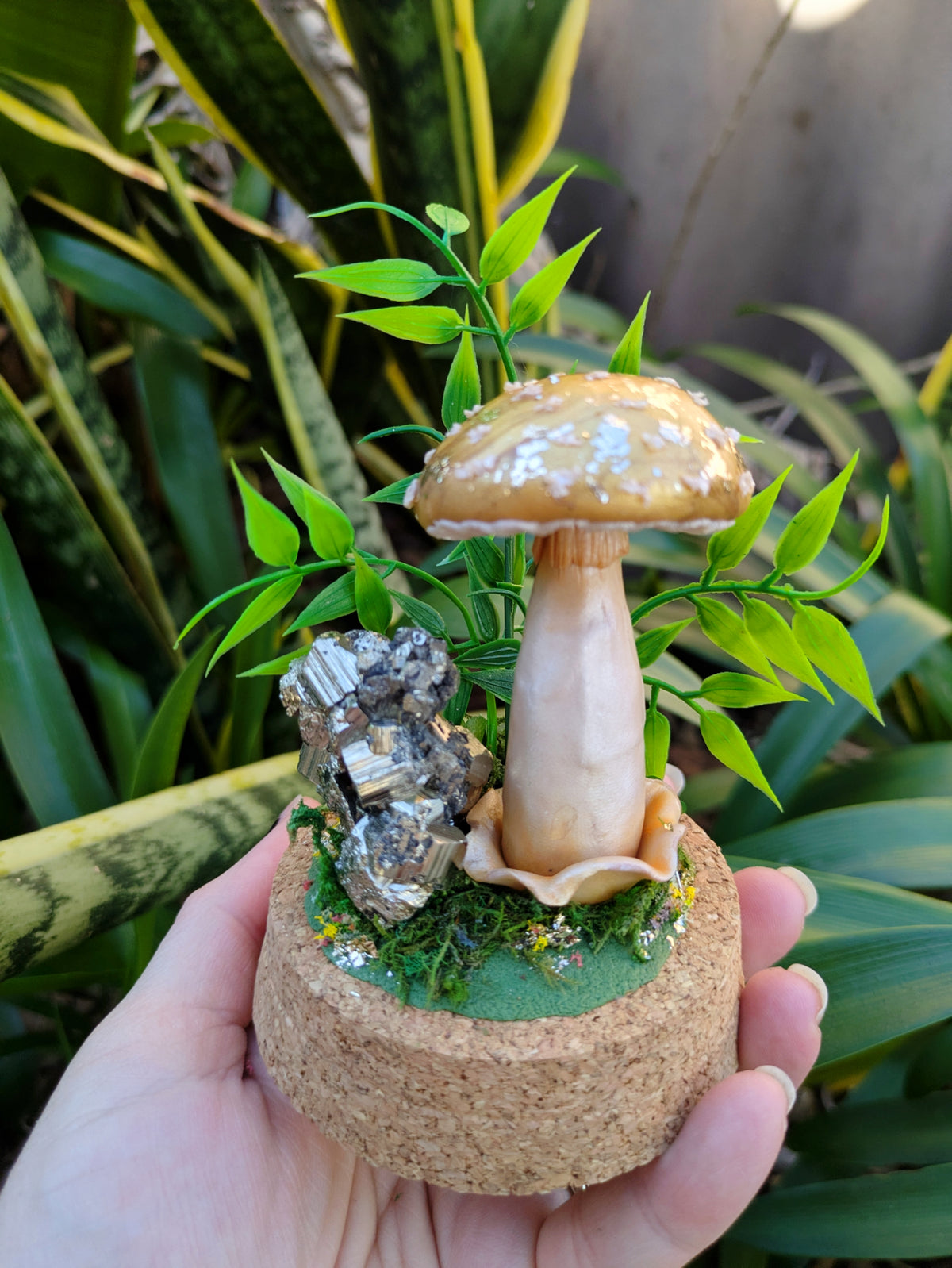 Golden Woodland Mushroom with Pyrite crystal in Glass dome