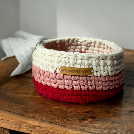 Vibrant Crochet Basket – Red, Pink & White Handmade Storage