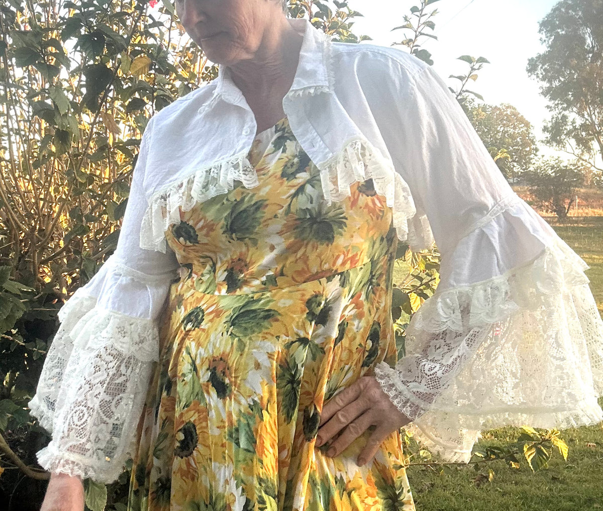 Upcycled White Linen Blend Bolero Sheer Lace Sleeves