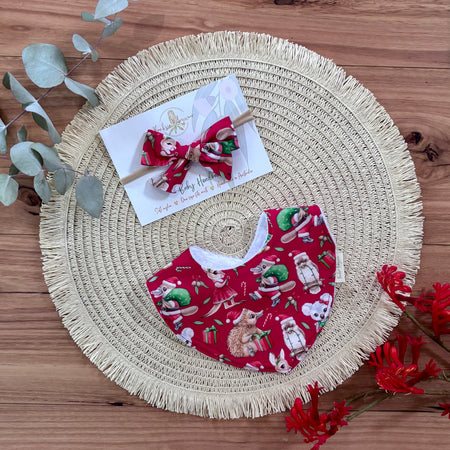 Christmas Baby Bib and Bow Set - Red Aussie Animals