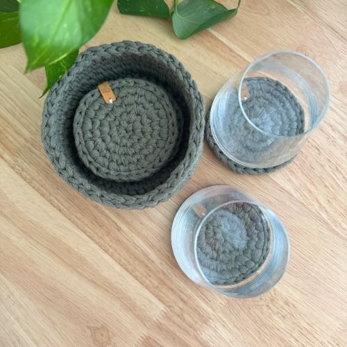 Eco Handmade Coasters with Basket Set | Earthy Green