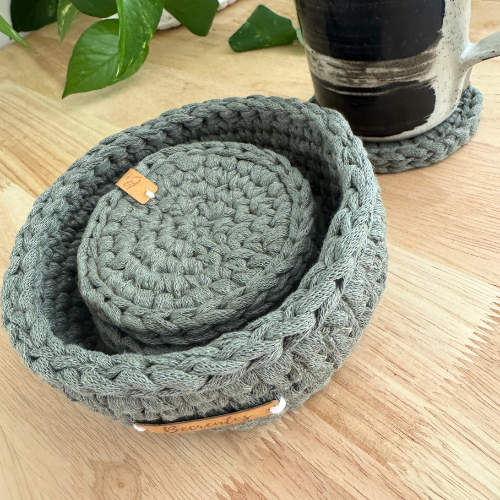 Eco Handmade Coasters with Basket Set | Earthy Green
