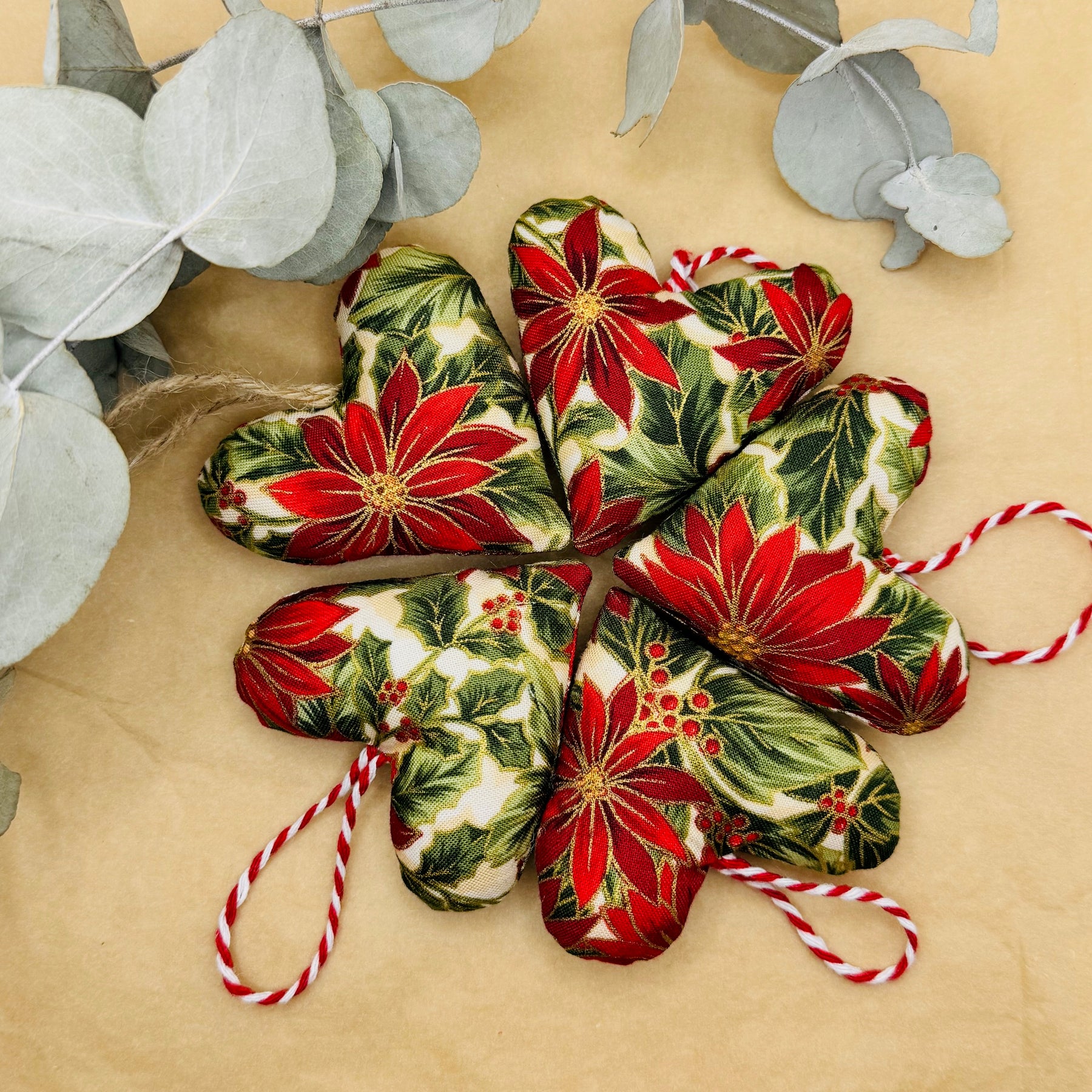 Handmade Red & Green Poinsettia Christmas Hearts