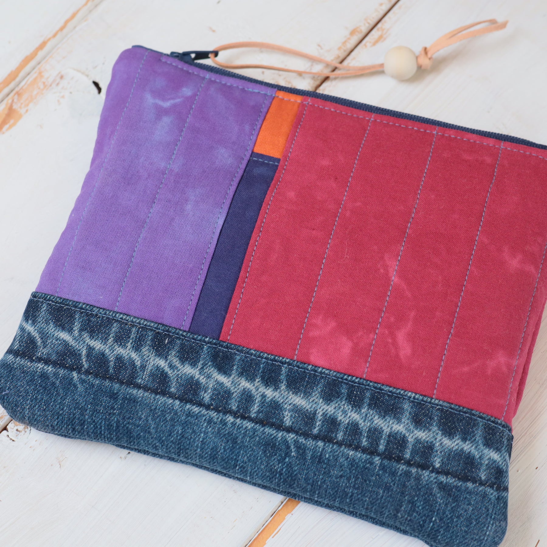 Hand Dyed Zipper Pouch, Makeup Bag,Sewing Pouch, Red and Lilac