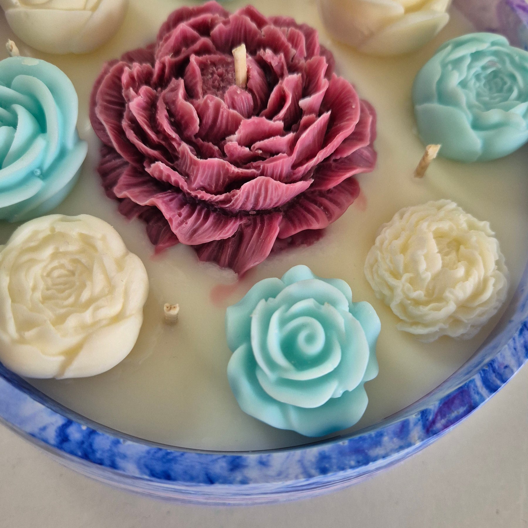 Large soy wax concrete bowl candle with burgundy peony and roses