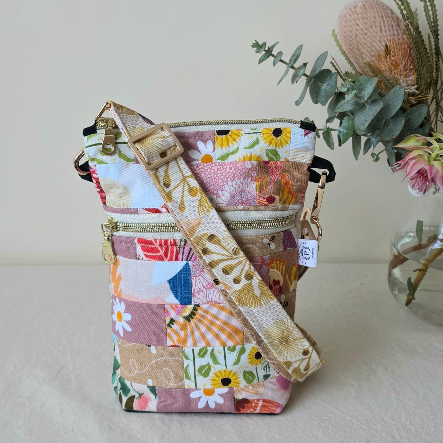 Repurposed Remnant Fabric Crossbody Bag "Sweet Gum"
