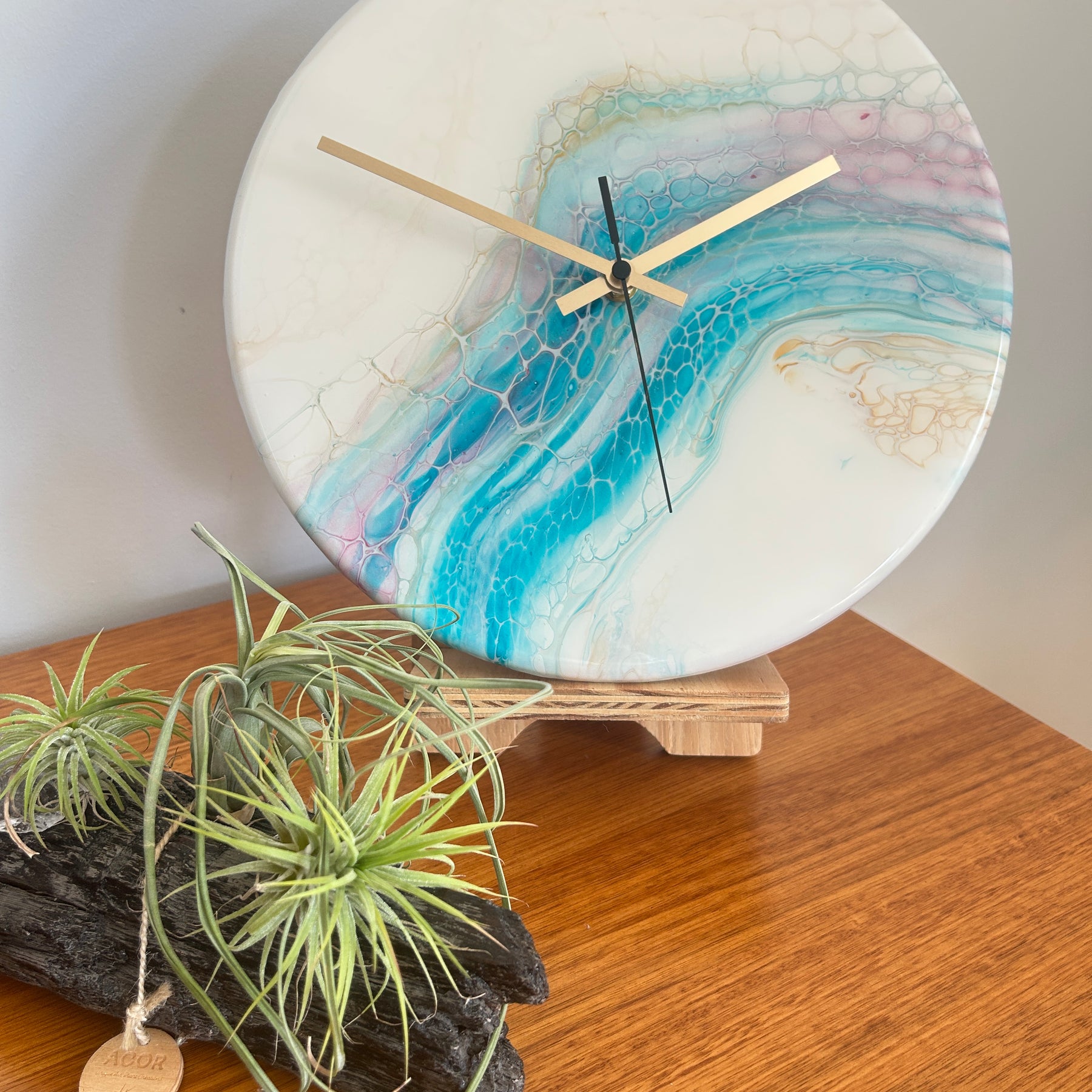 Timber Clock | 30cm Fluid Art/Resin | White-Teal-Gold
